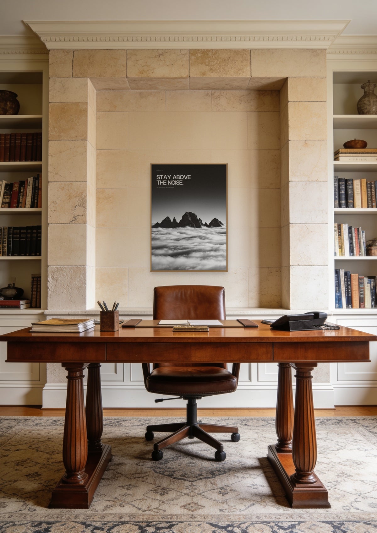 Above the Noise in a natural wood frame, shown in a Chicago Gold Coast study