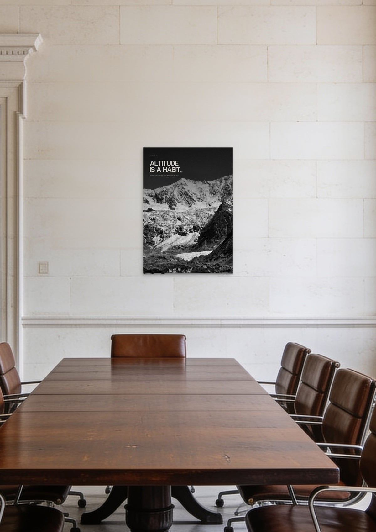 Altitude Is a Habit, unframed art print shown in a Canary Wharf boardroom