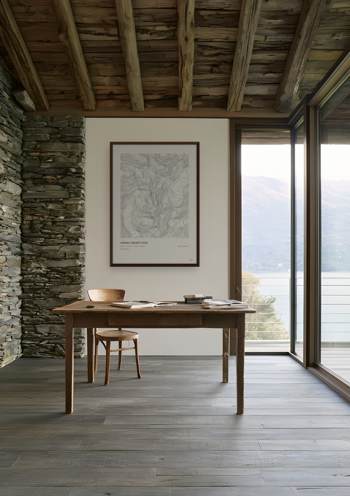Aoraki / Mount Cook in a dark wood frame, shown in queenstown-lake-house-office