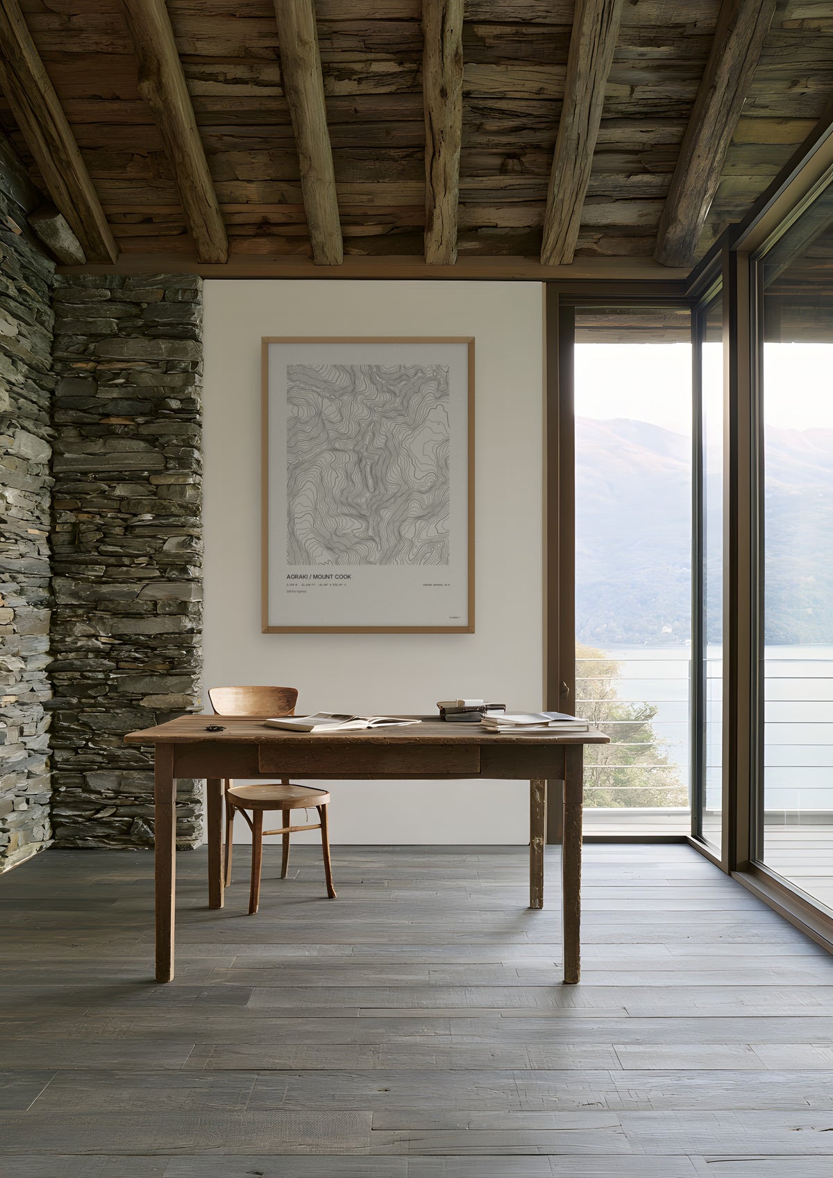 Aoraki / Mount Cook in a natural wood frame, shown in queenstown-lake-house-office
