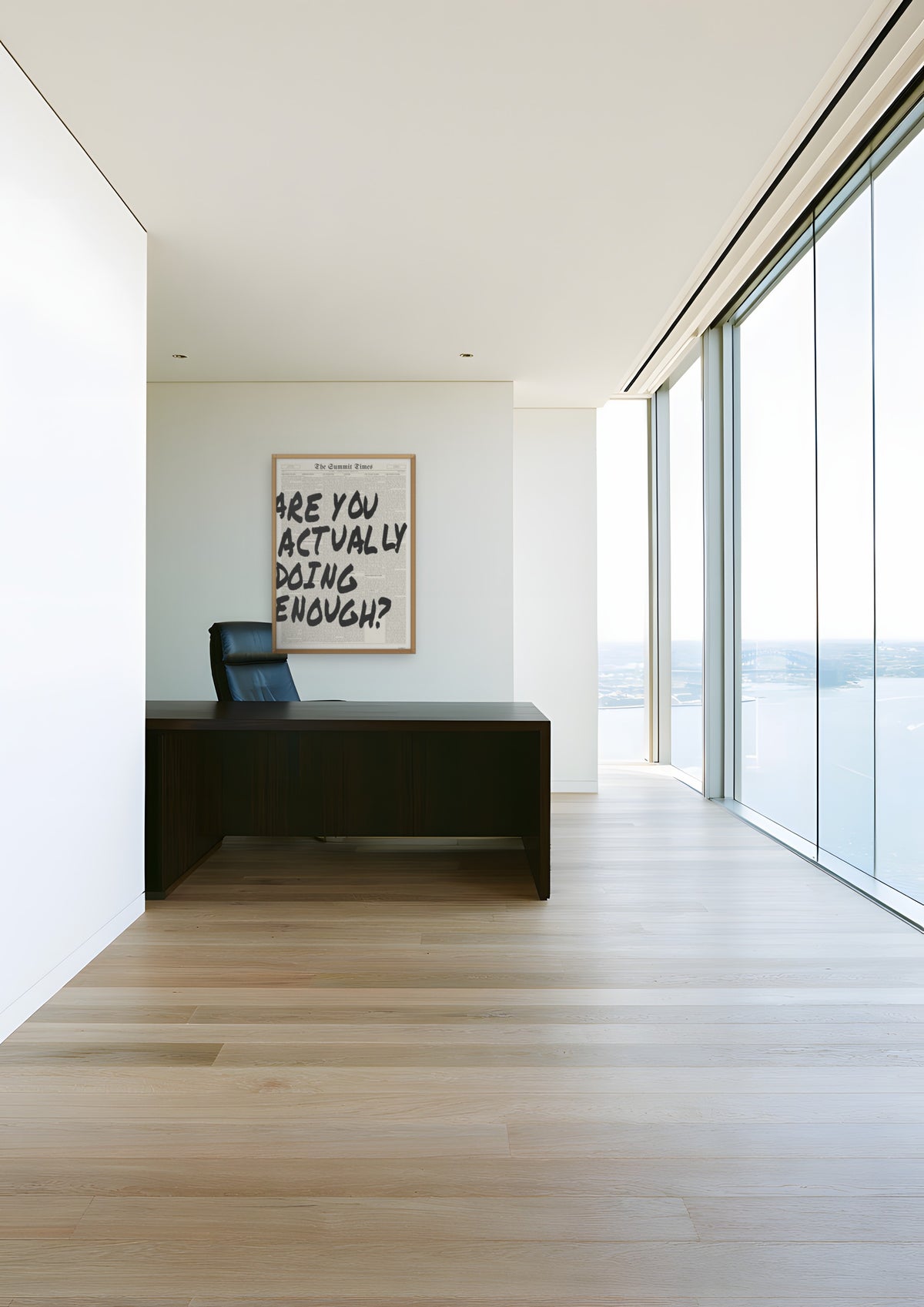 Are You Actually Doing Enough? in a natural wood frame, shown in sydney-harbour-office