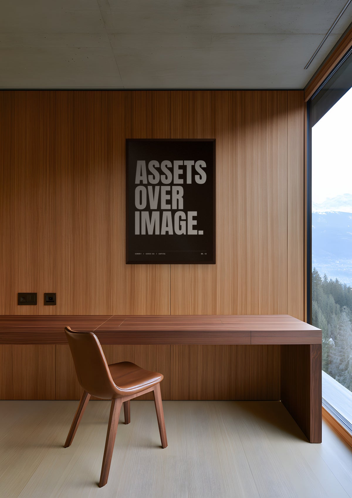 Assets Over Image in a dark wood frame, shown in swiss-mountain-office-ii