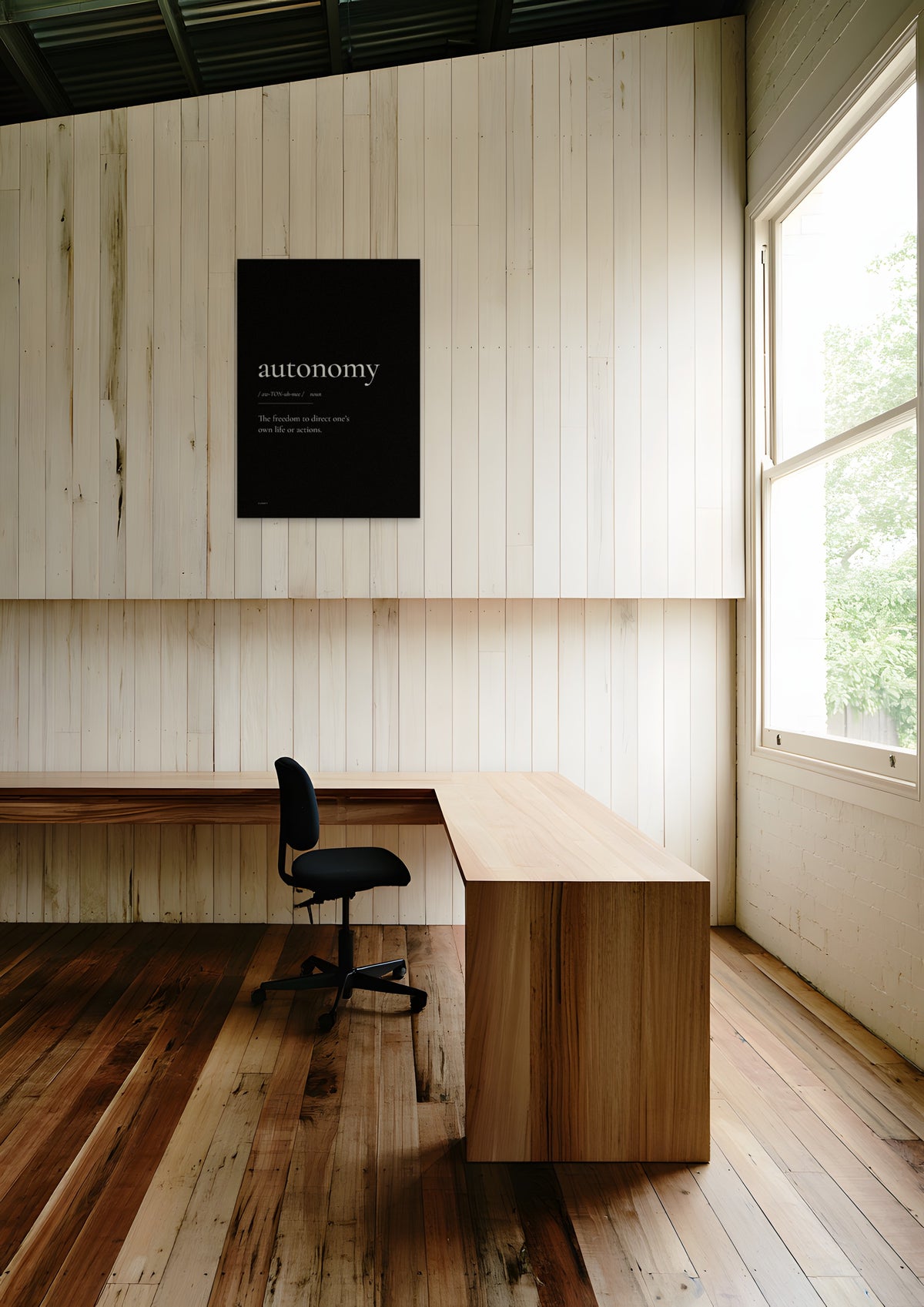Autonomy (Black), unframed art print shown in melbourne-warehouse-office
