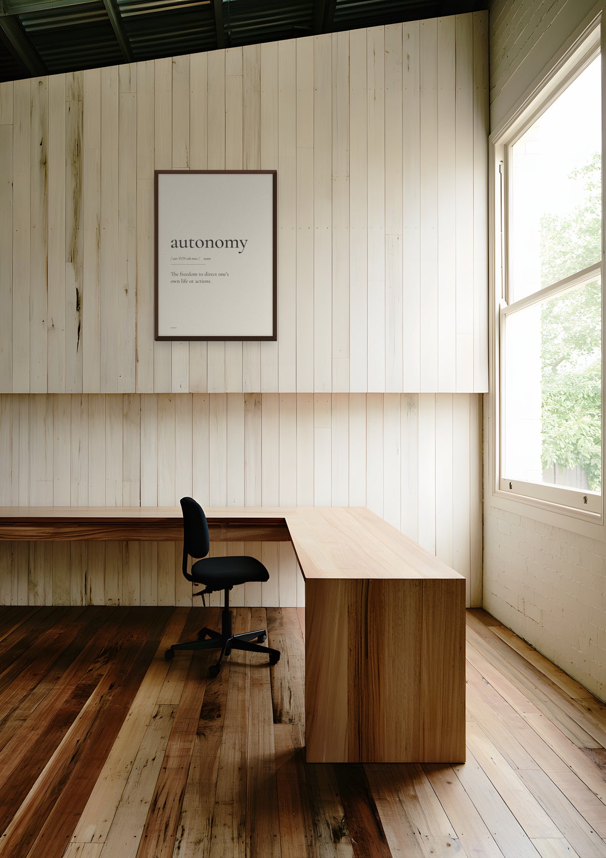 Autonomy in a dark wood frame, shown in melbourne-warehouse-office