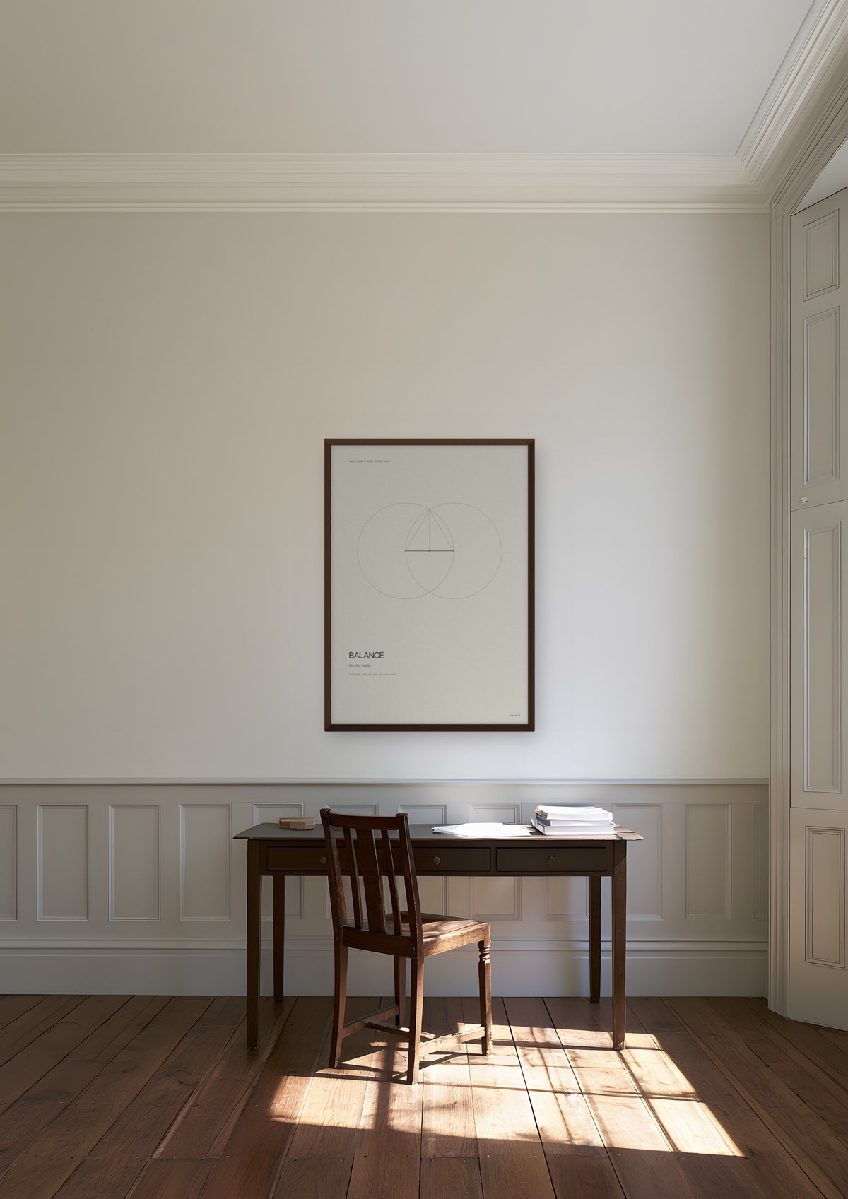 Balance in a dark wood frame, shown in geneva-private-bank-office