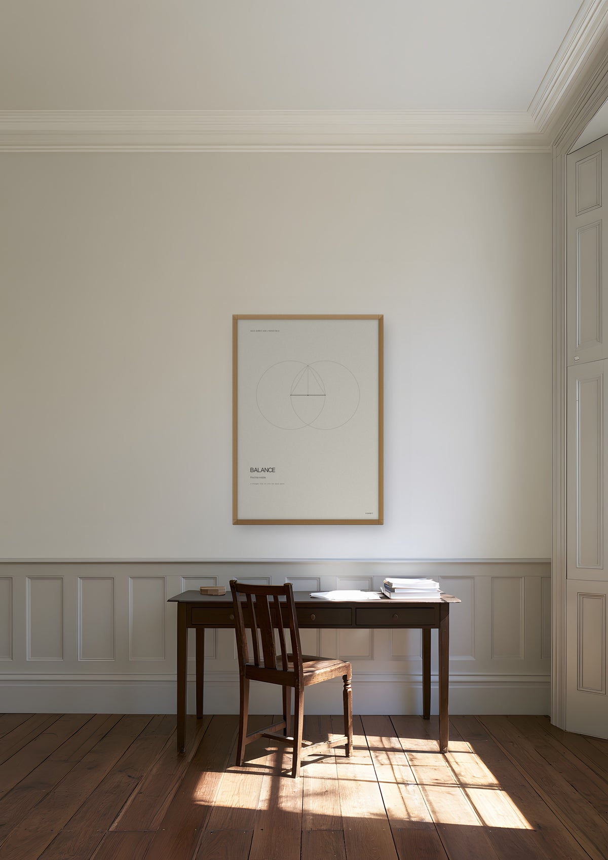 Balance in a natural wood frame, shown in geneva-private-bank-office