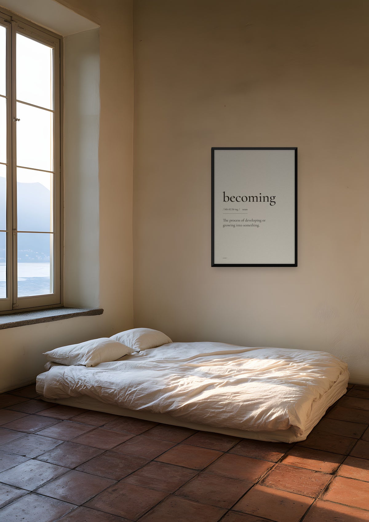 Becoming in a black frame, shown in lake-como-bedroom