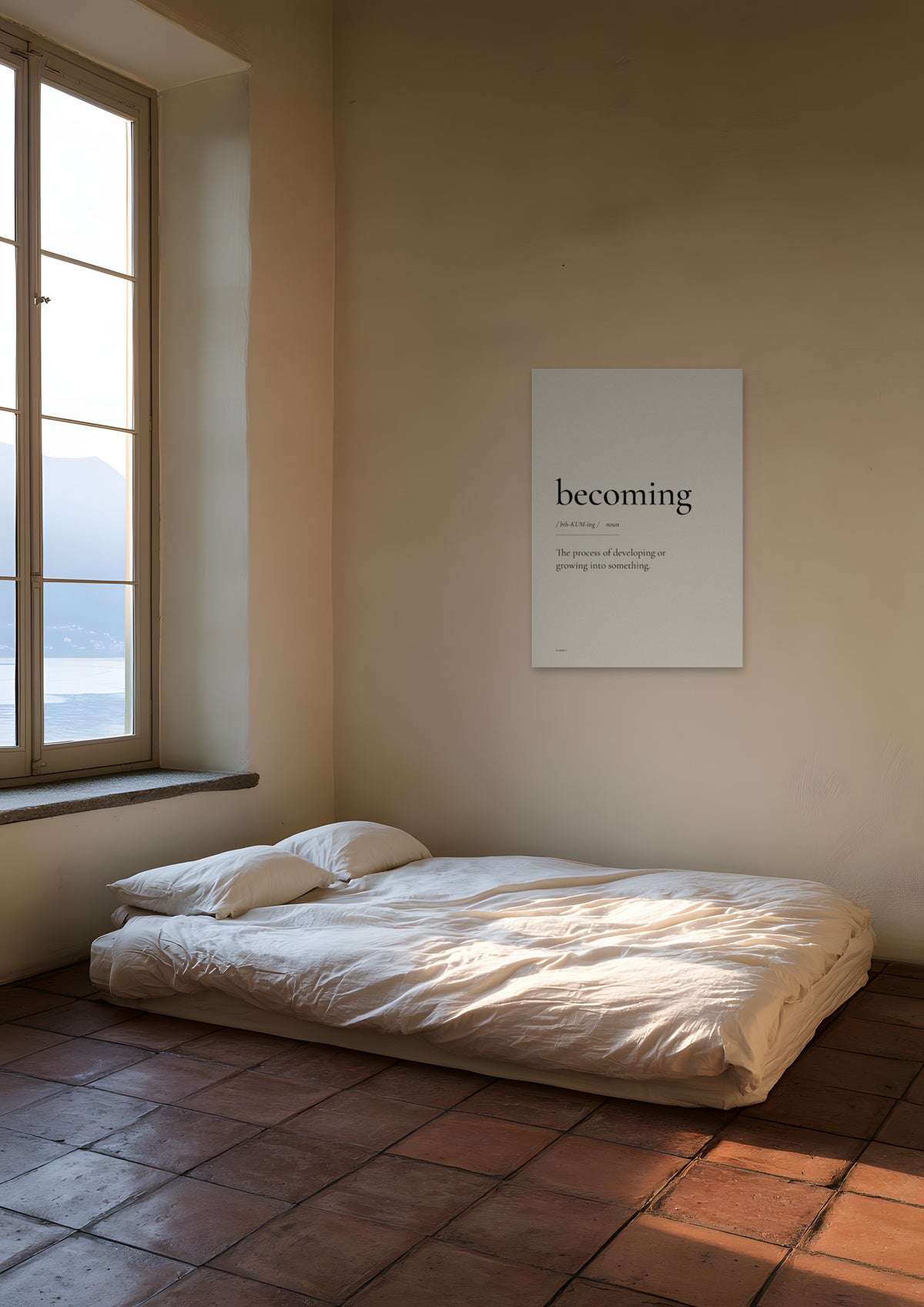 Becoming, unframed art print shown in lake-como-bedroom