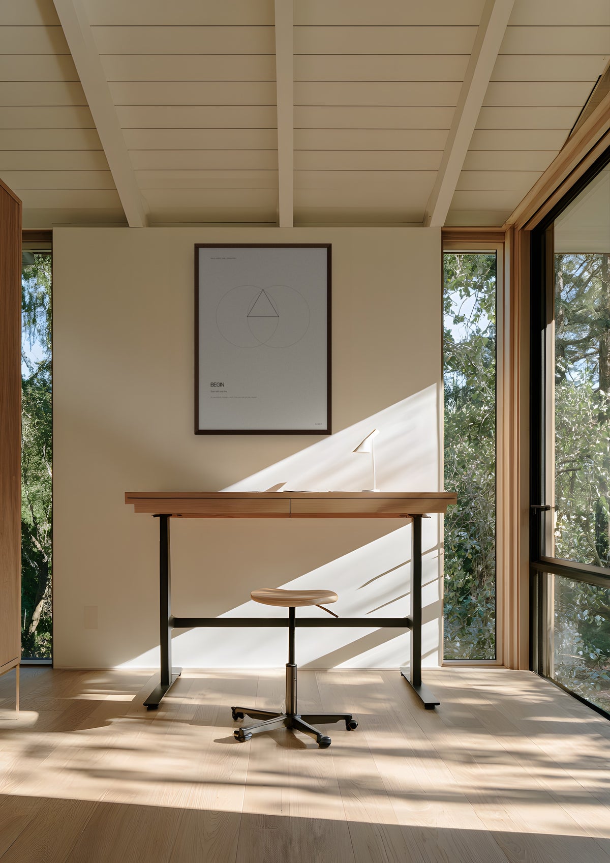 Begin in a dark wood frame, shown in palo-alto-founder-office