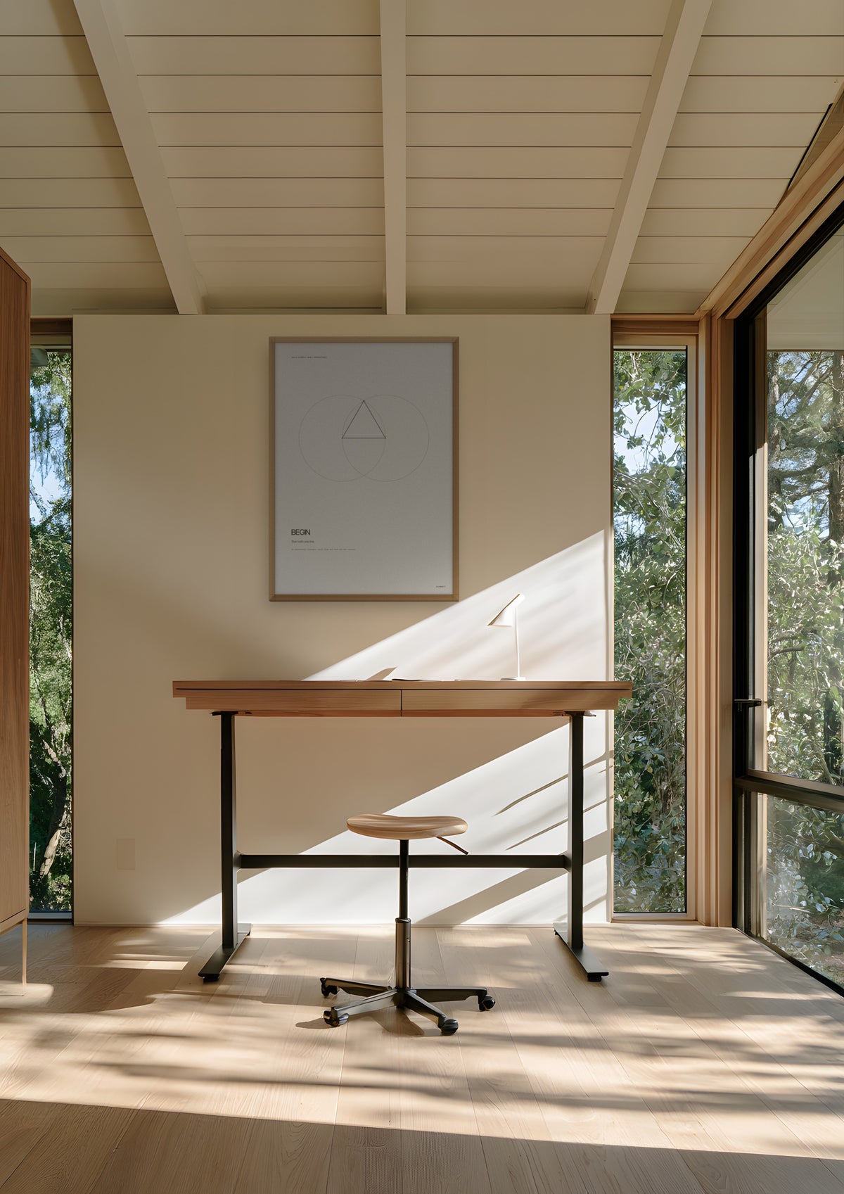 Begin in a natural wood frame, shown in palo-alto-founder-office