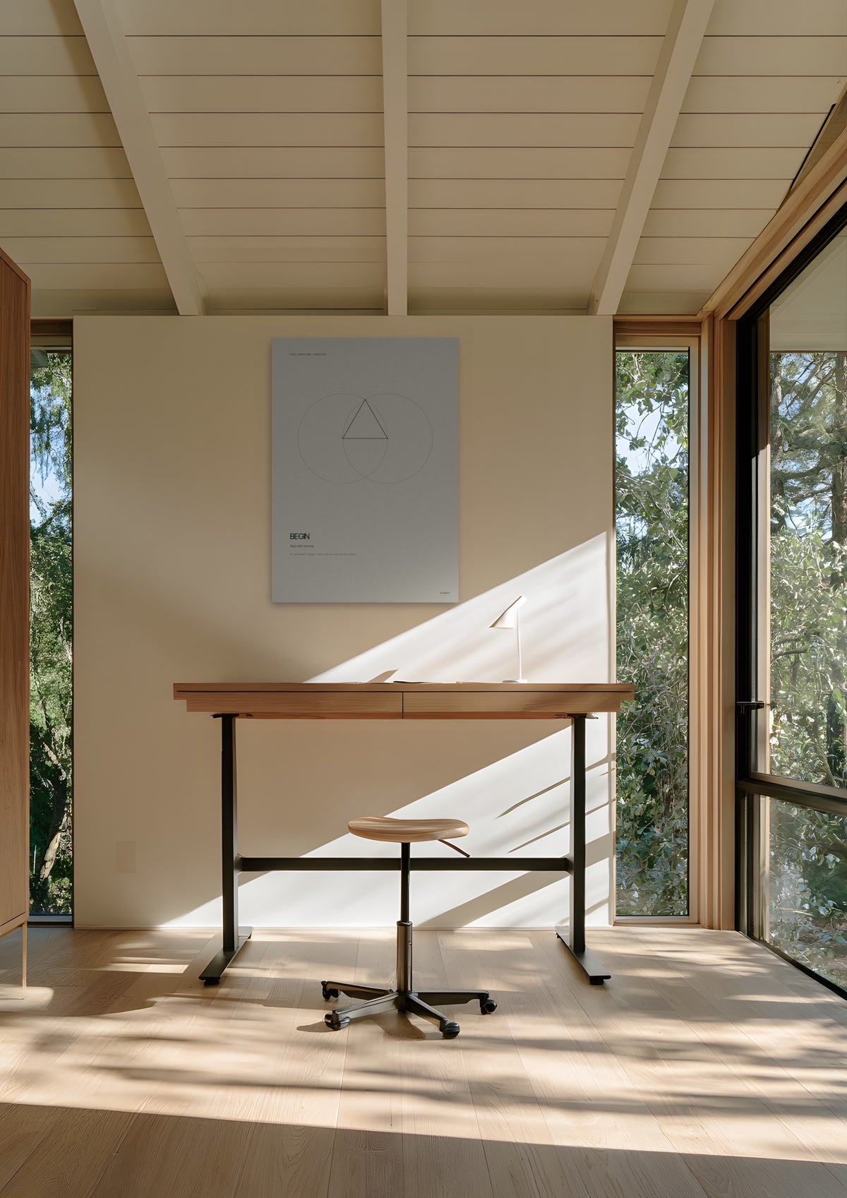 Begin, unframed art print shown in palo-alto-founder-office
