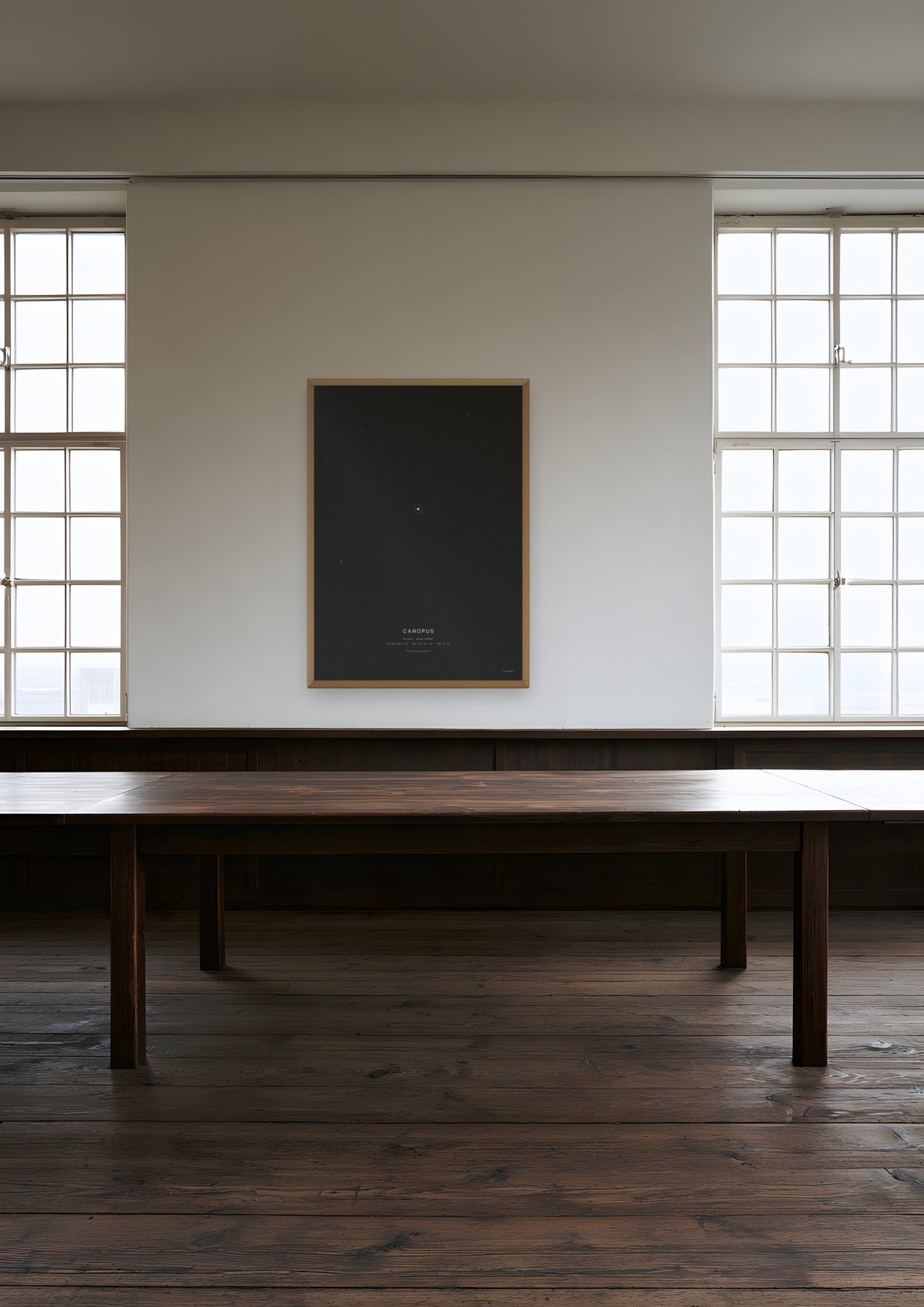 Canopus in a natural wood frame, shown in hamburg-shipping-office