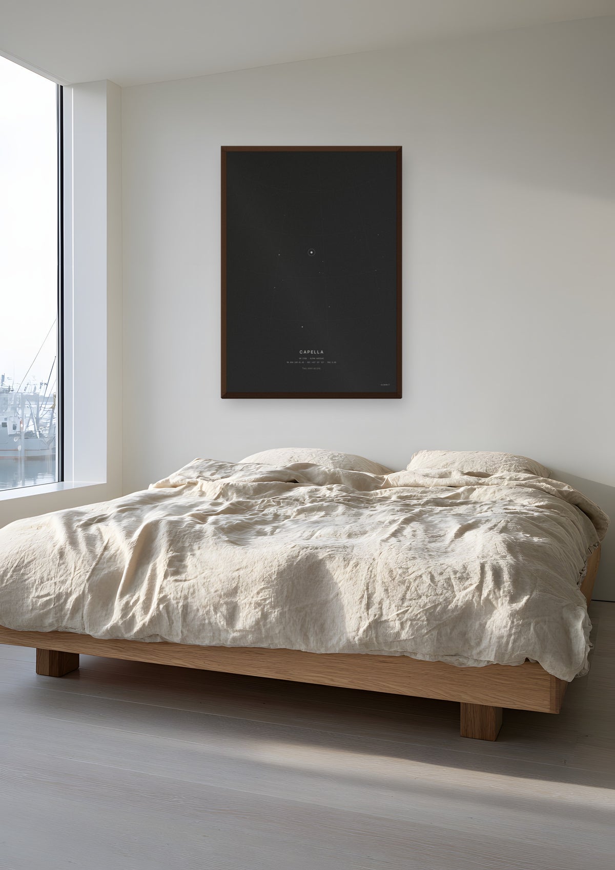 Capella in a dark wood frame, shown in harbourside-apartment-bedroom