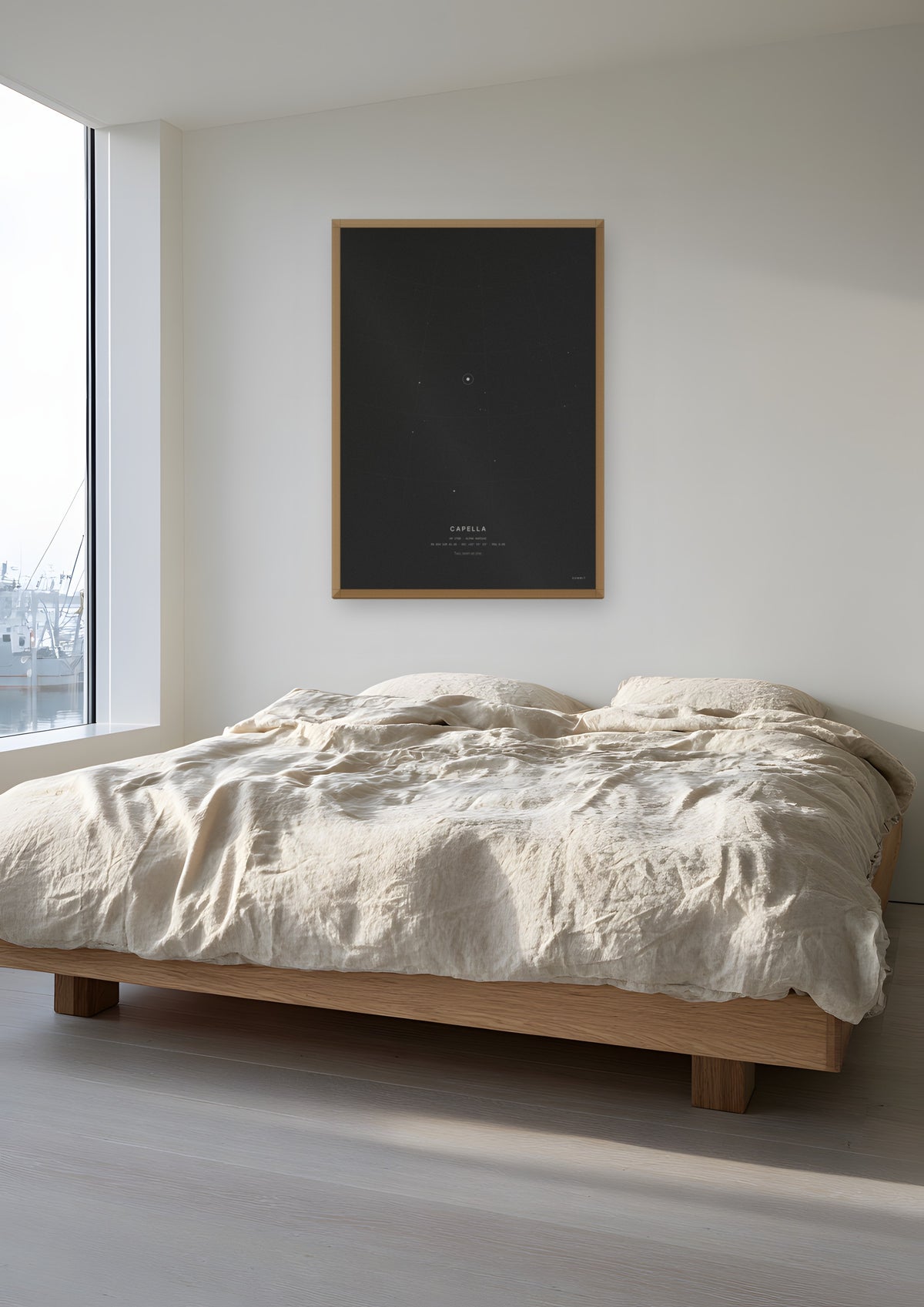Capella in a natural wood frame, shown in harbourside-apartment-bedroom