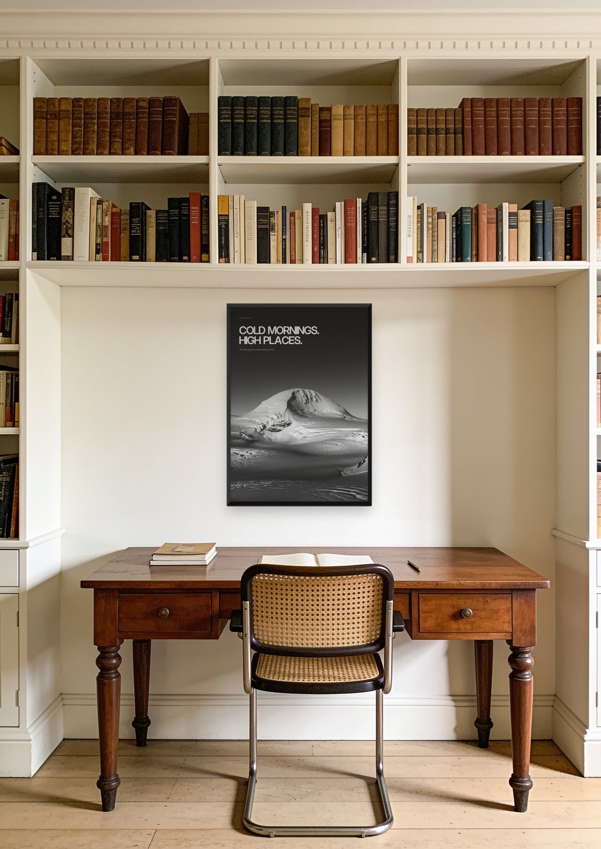 Cold Mornings in a black frame, shown in a Hampstead study