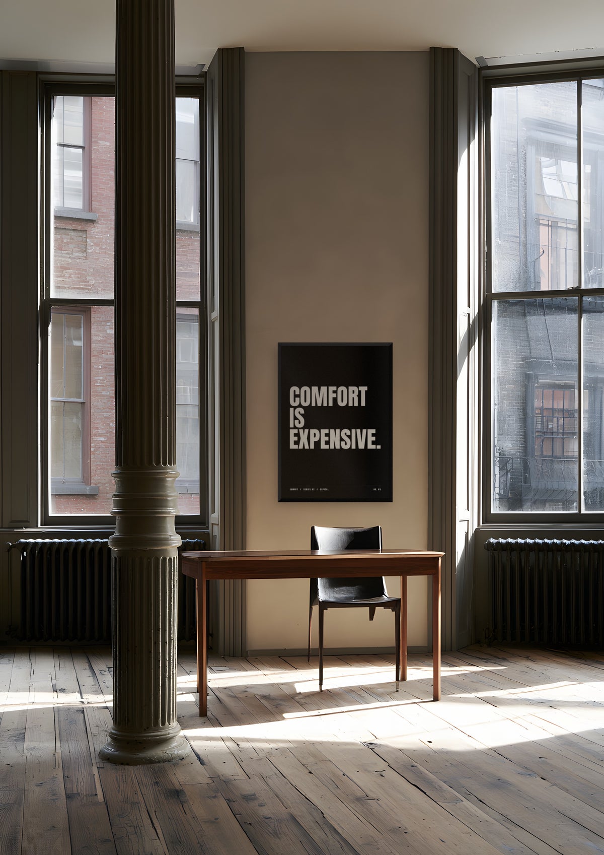 Comfort Is Expensive in a black frame, shown in a Tribeca loft office