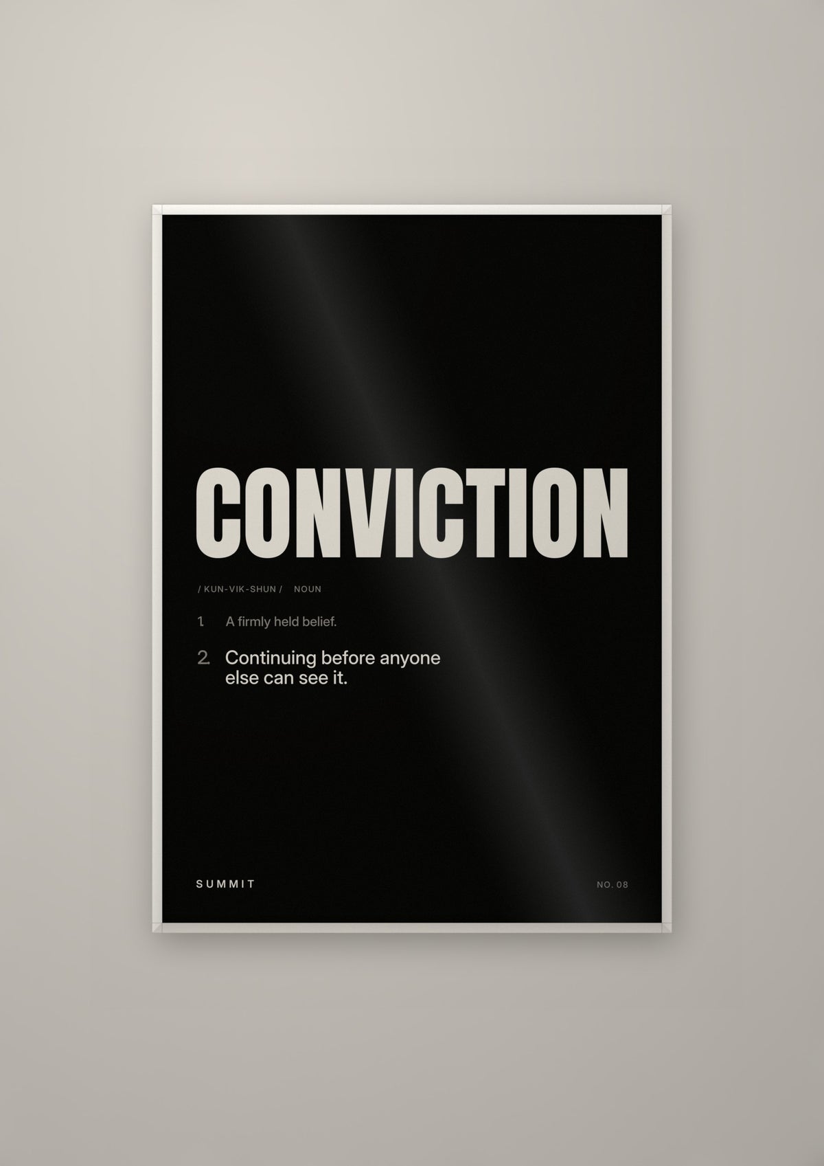 Conviction, Defined (Black) in a white frame