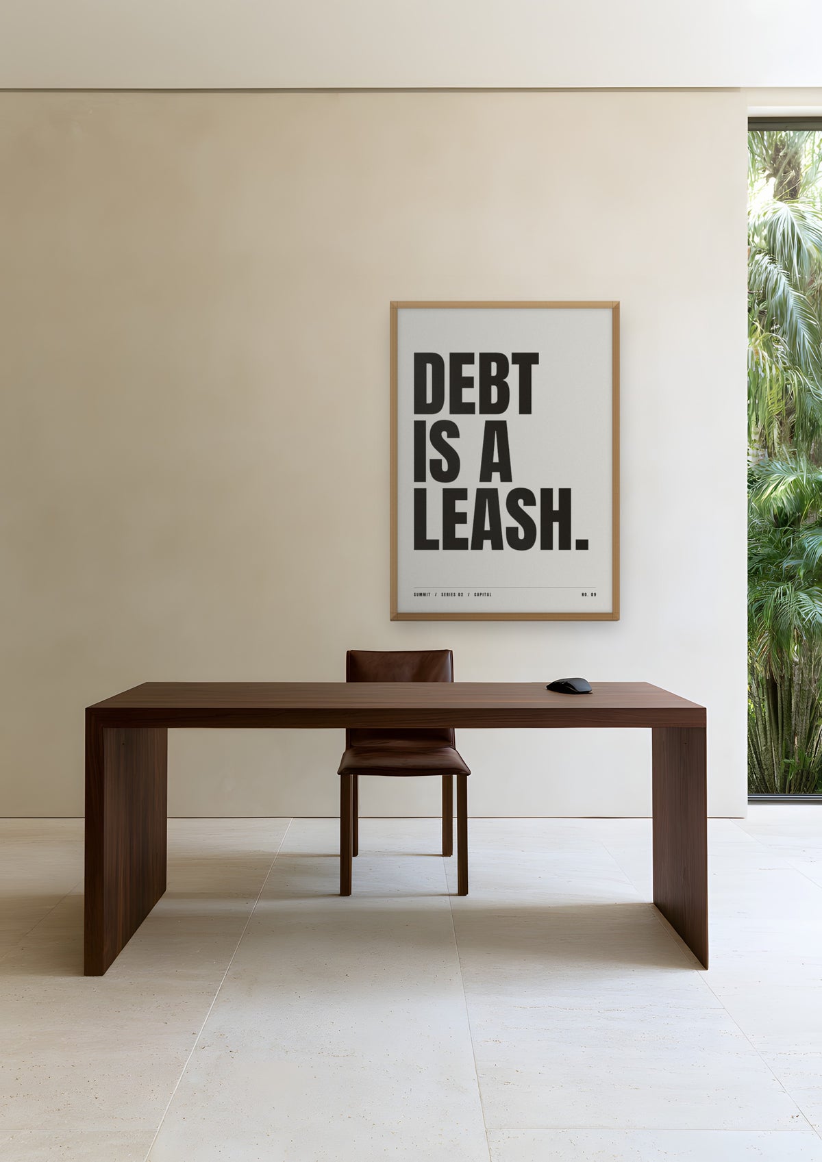 Debt Is a Leash in a natural wood frame, shown in miami-residence-ii