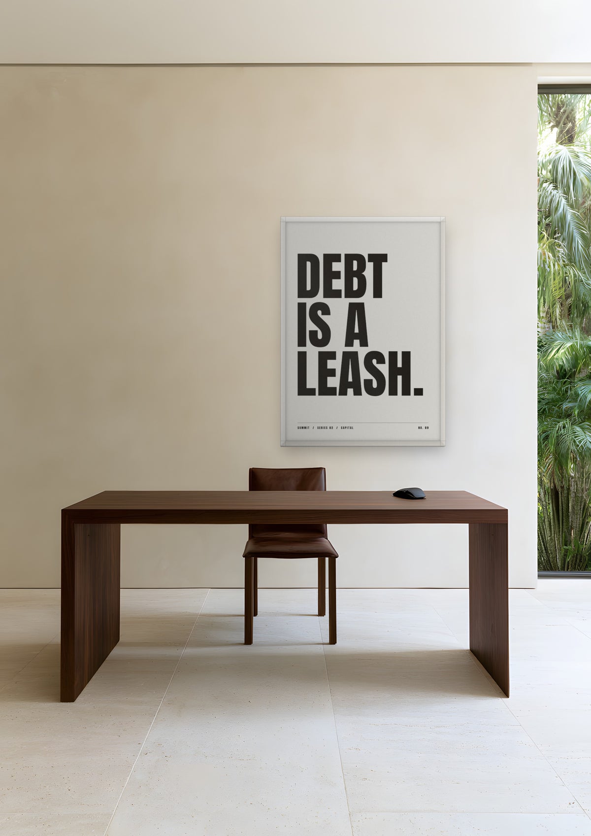 Debt Is a Leash in a white frame, shown in miami-residence-ii