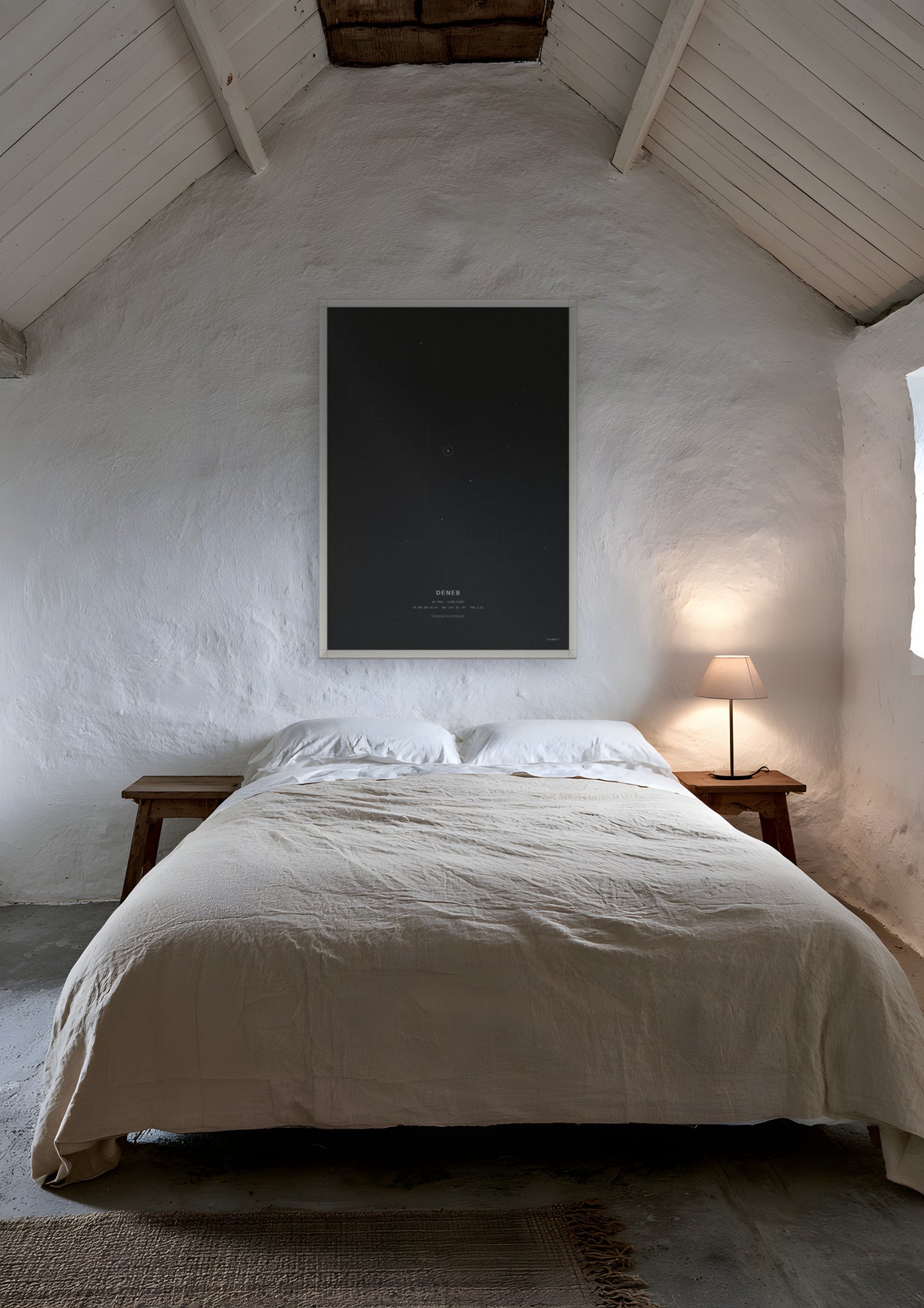 Deneb in a white frame, shown in hebrides-croft-bedroom