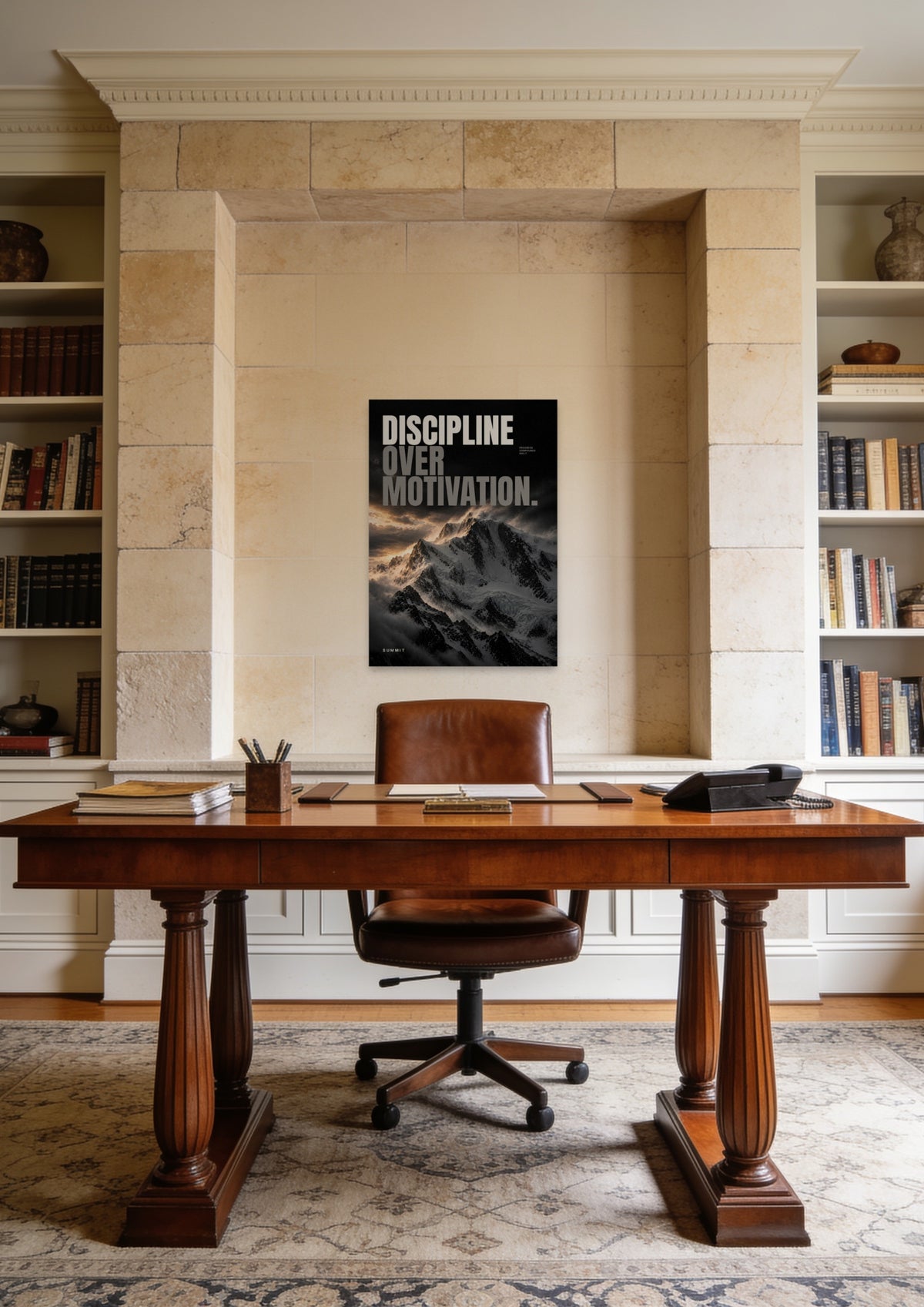Discipline Over Motivation, unframed art print shown in a Chicago Gold Coast study