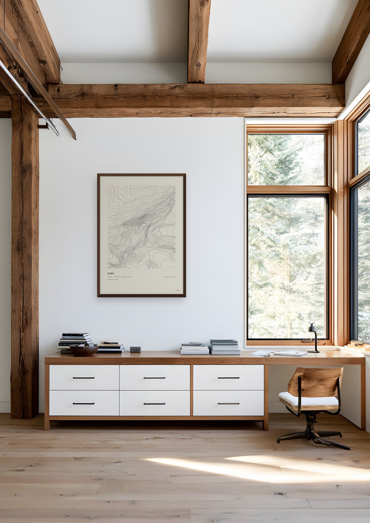 Eiger in a dark wood frame, shown in whistler-timber-study