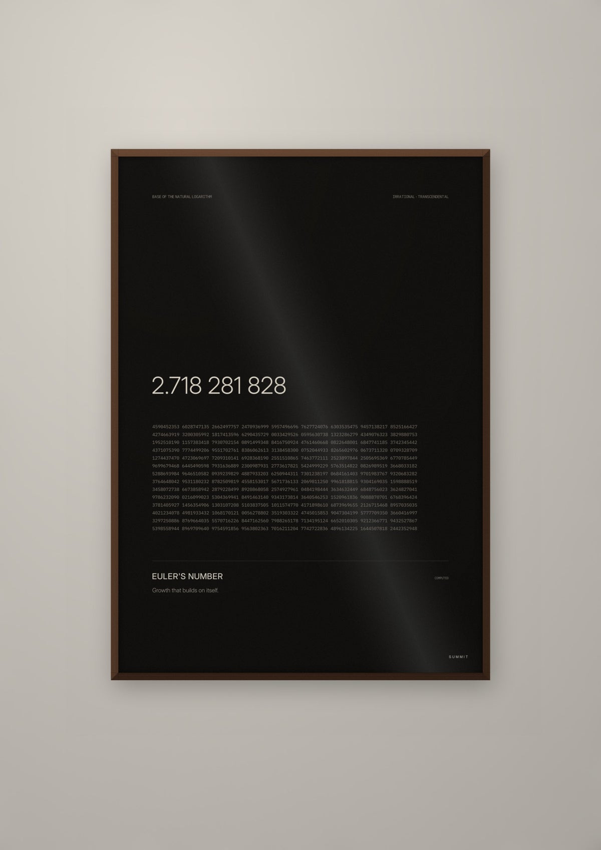 Euler's Number in a dark wood frame
