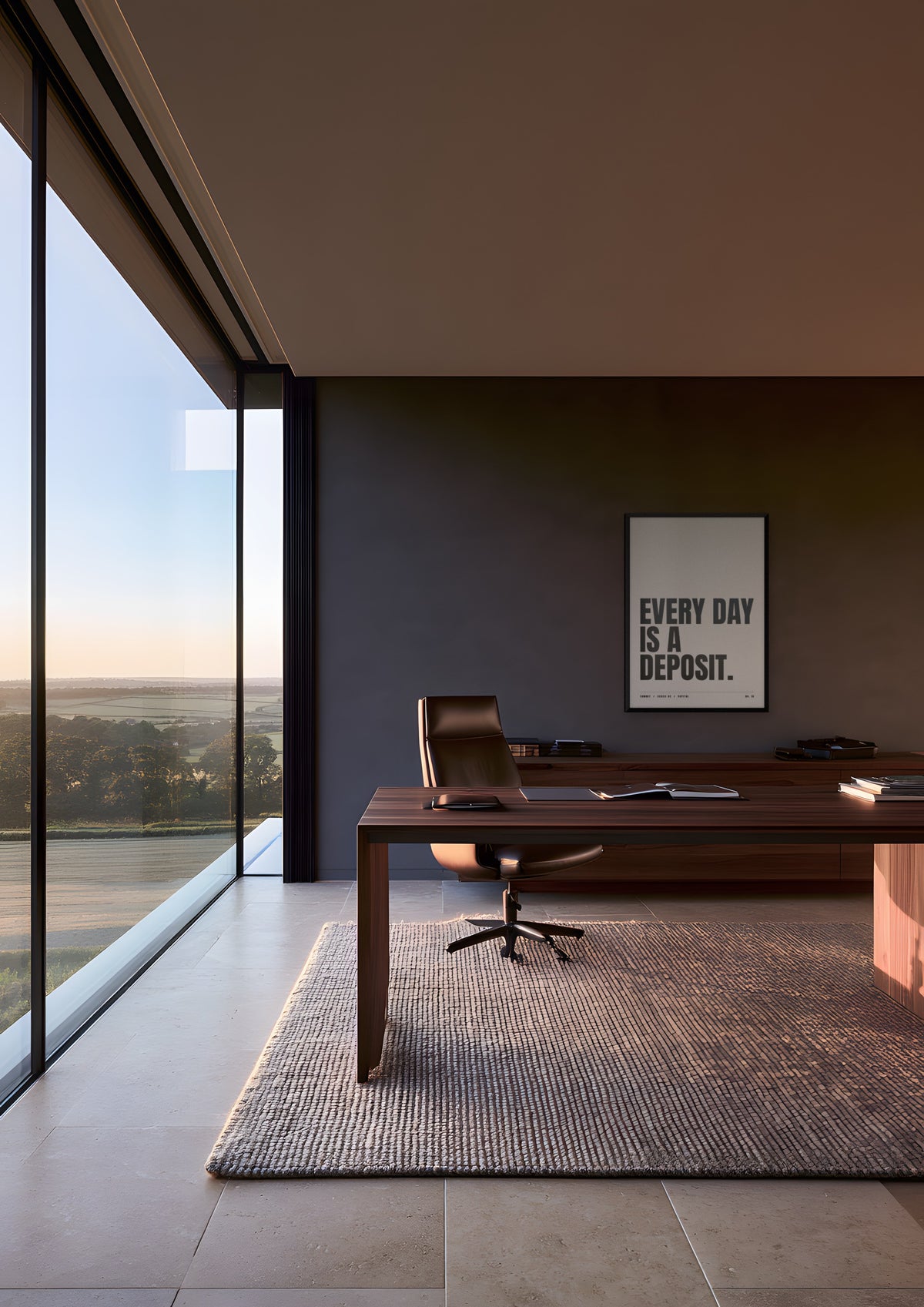 Every Day Is a Deposit in a black frame, shown in a countryside home office