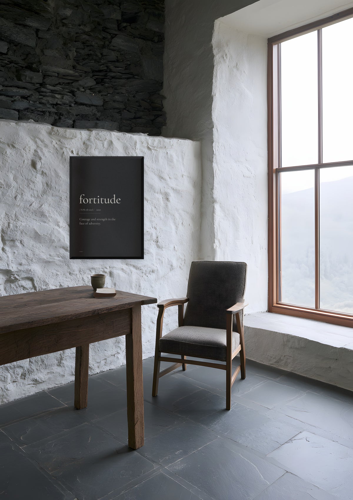 Fortitude (Black) in a black frame, shown in highland-lodge-study