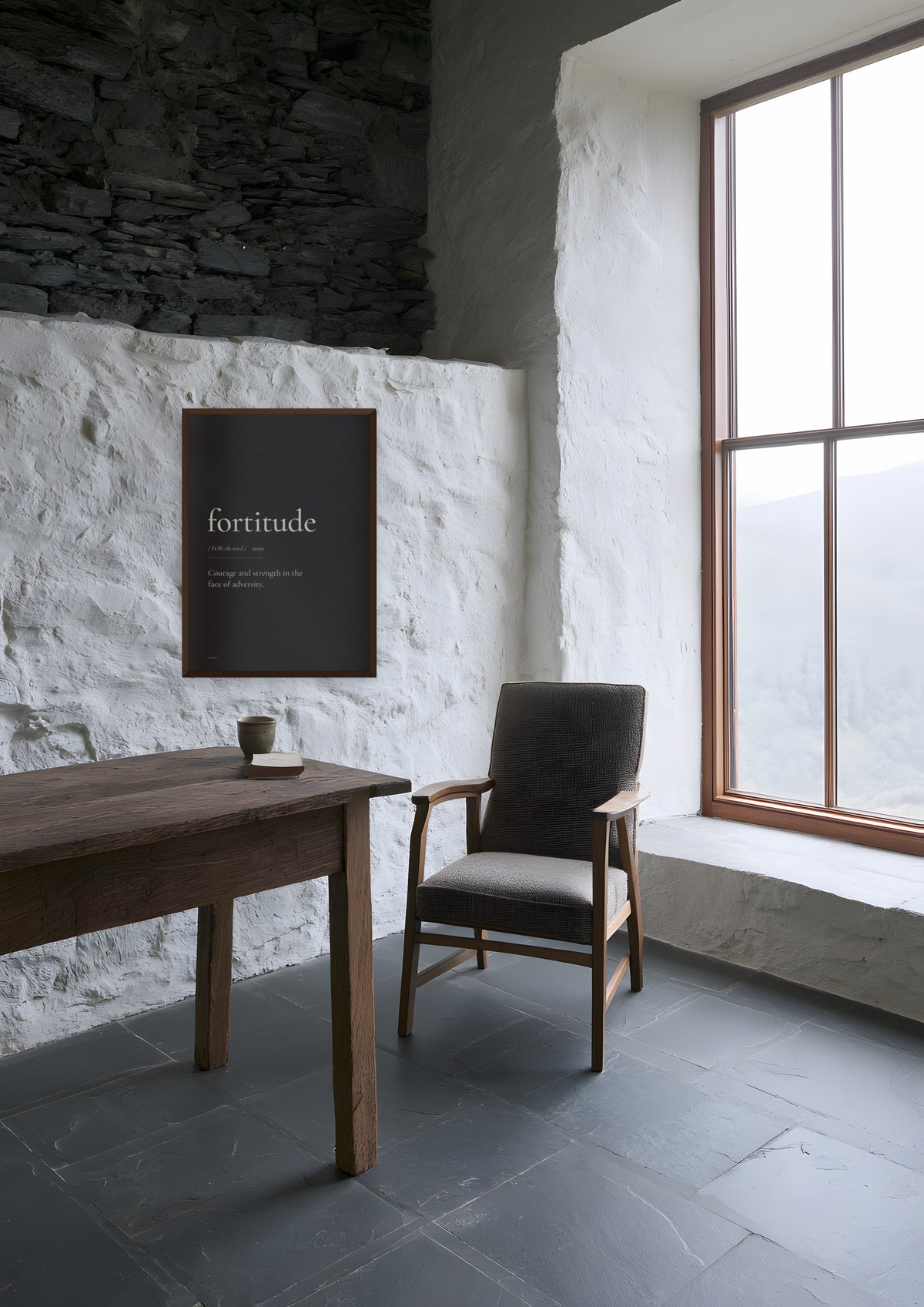 Fortitude (Black) in a dark wood frame, shown in highland-lodge-study