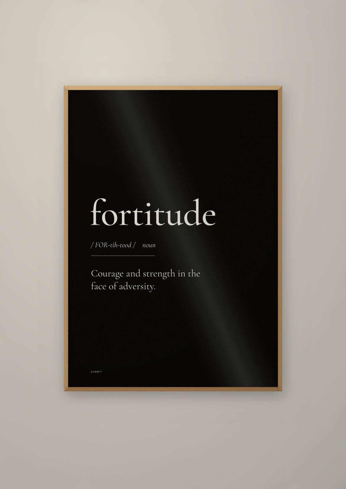 Fortitude (Black) in a natural wood frame