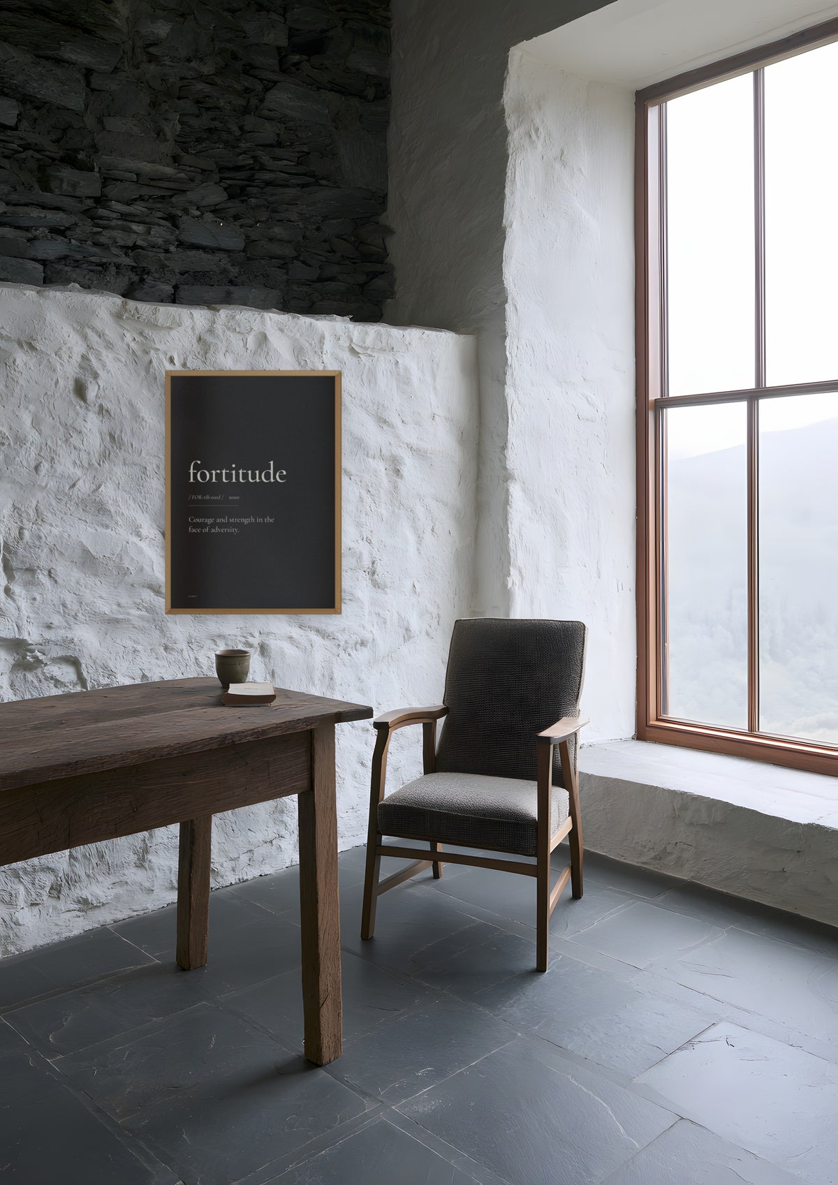 Fortitude (Black) in a natural wood frame, shown in highland-lodge-study