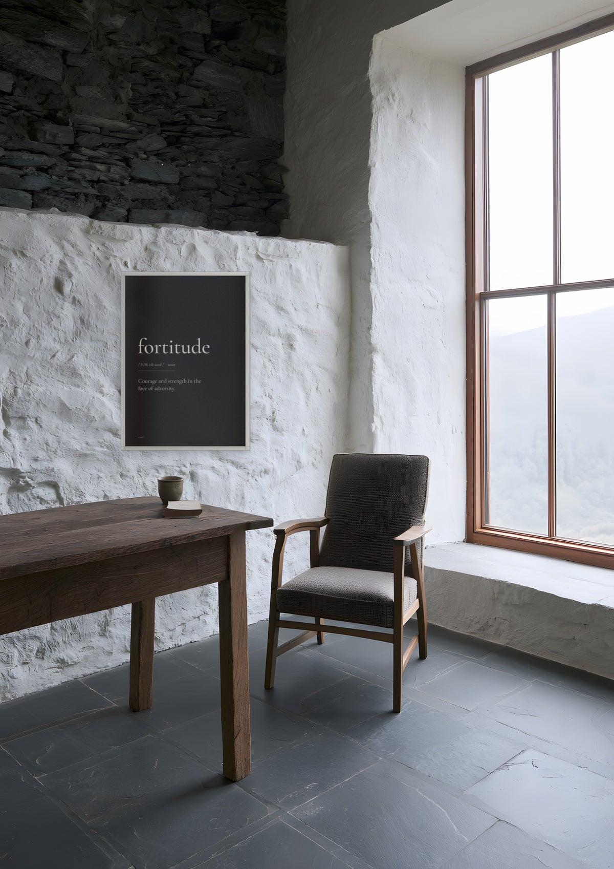Fortitude (Black) in a white frame, shown in highland-lodge-study