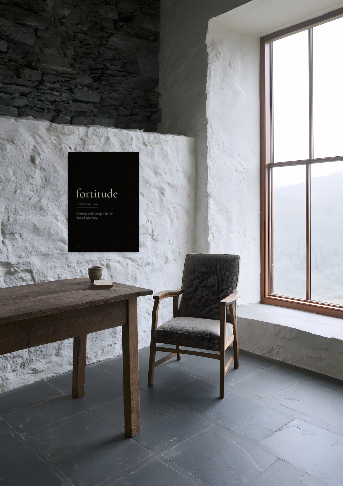 Fortitude (Black), unframed art print shown in highland-lodge-study