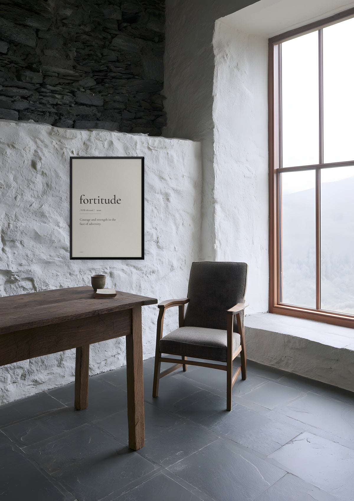Fortitude in a black frame, shown in highland-lodge-study