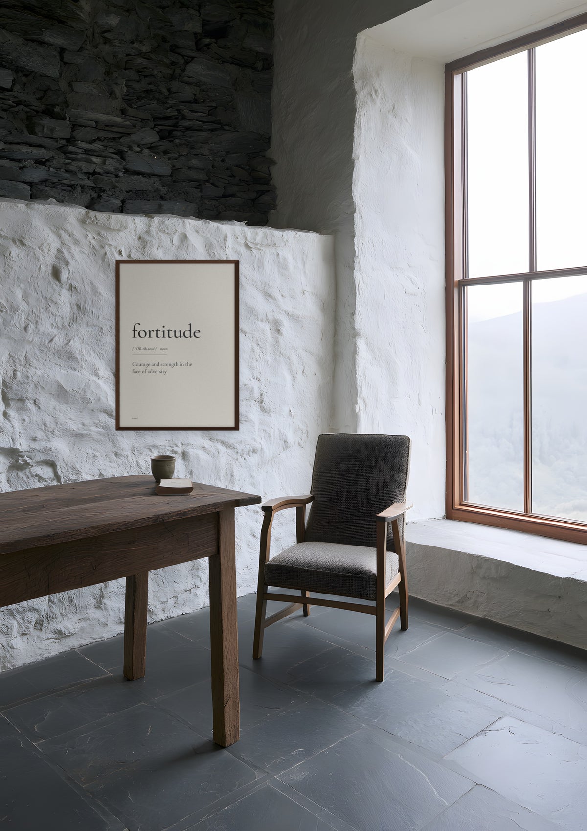 Fortitude in a dark wood frame, shown in highland-lodge-study