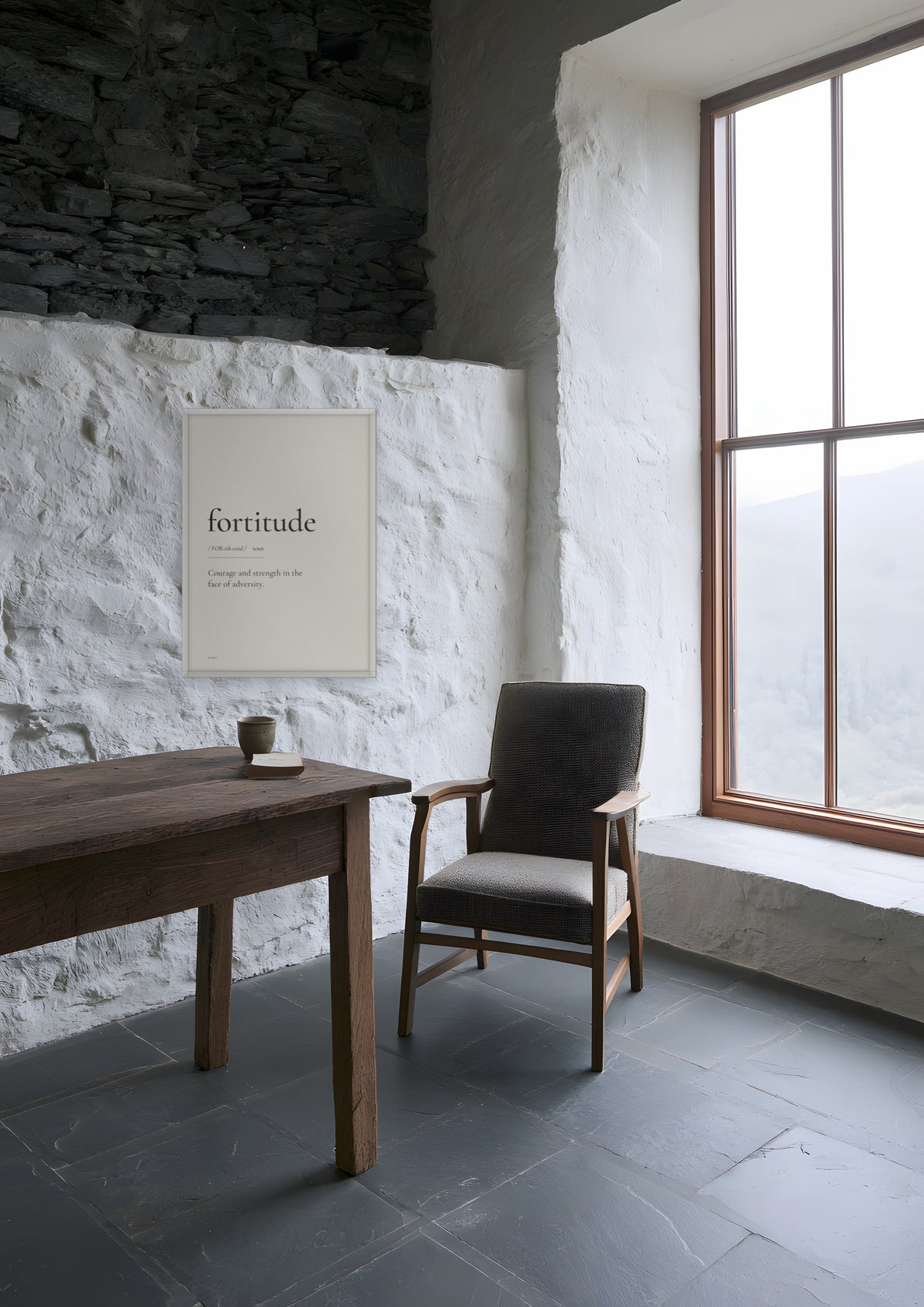 Fortitude in a white frame, shown in highland-lodge-study
