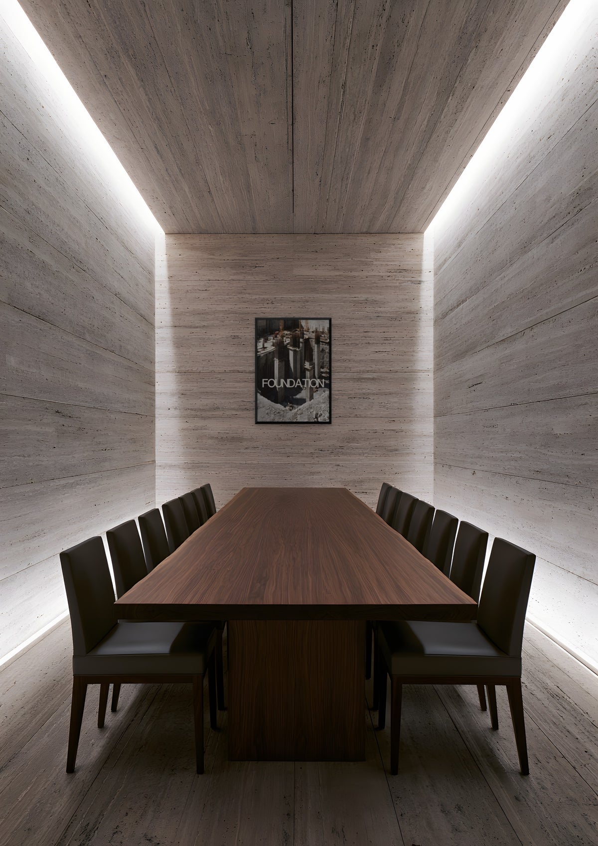 Foundation in a black frame, shown in travertine-boardroom