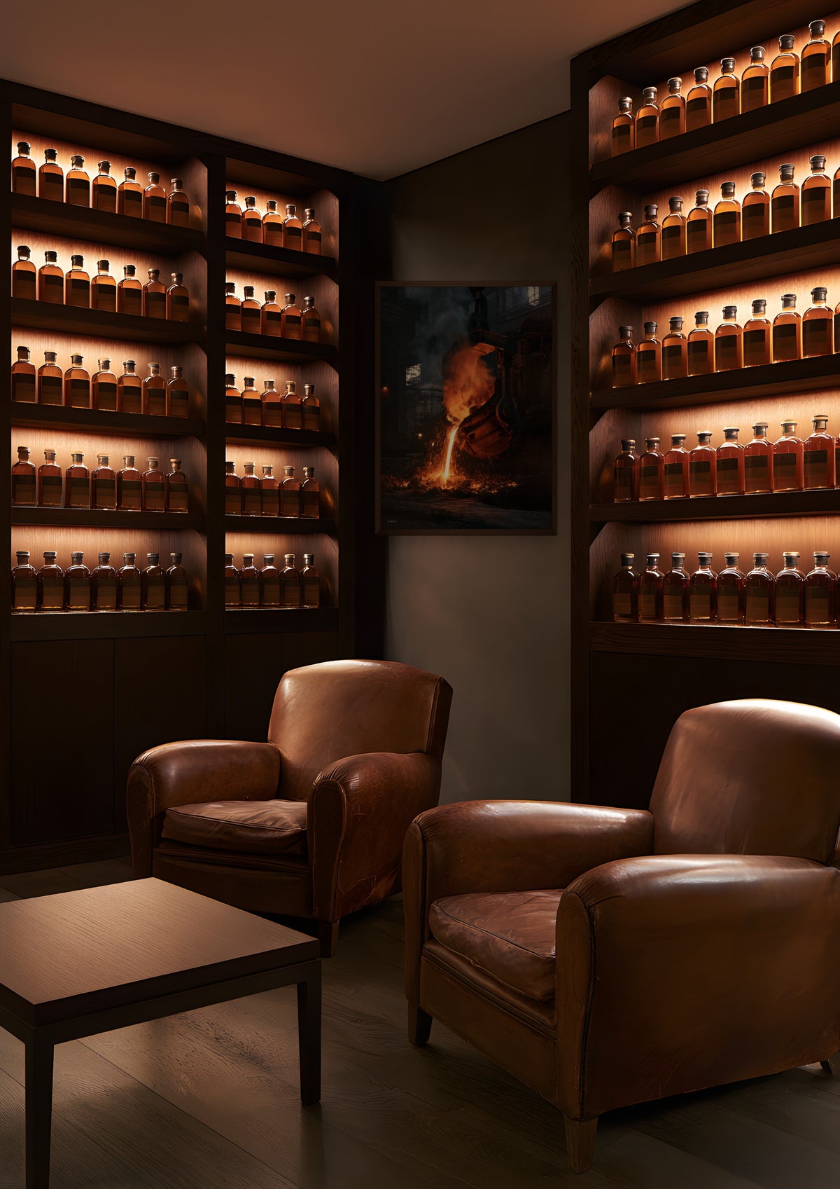 Foundry in a dark wood frame, shown in whisky-room