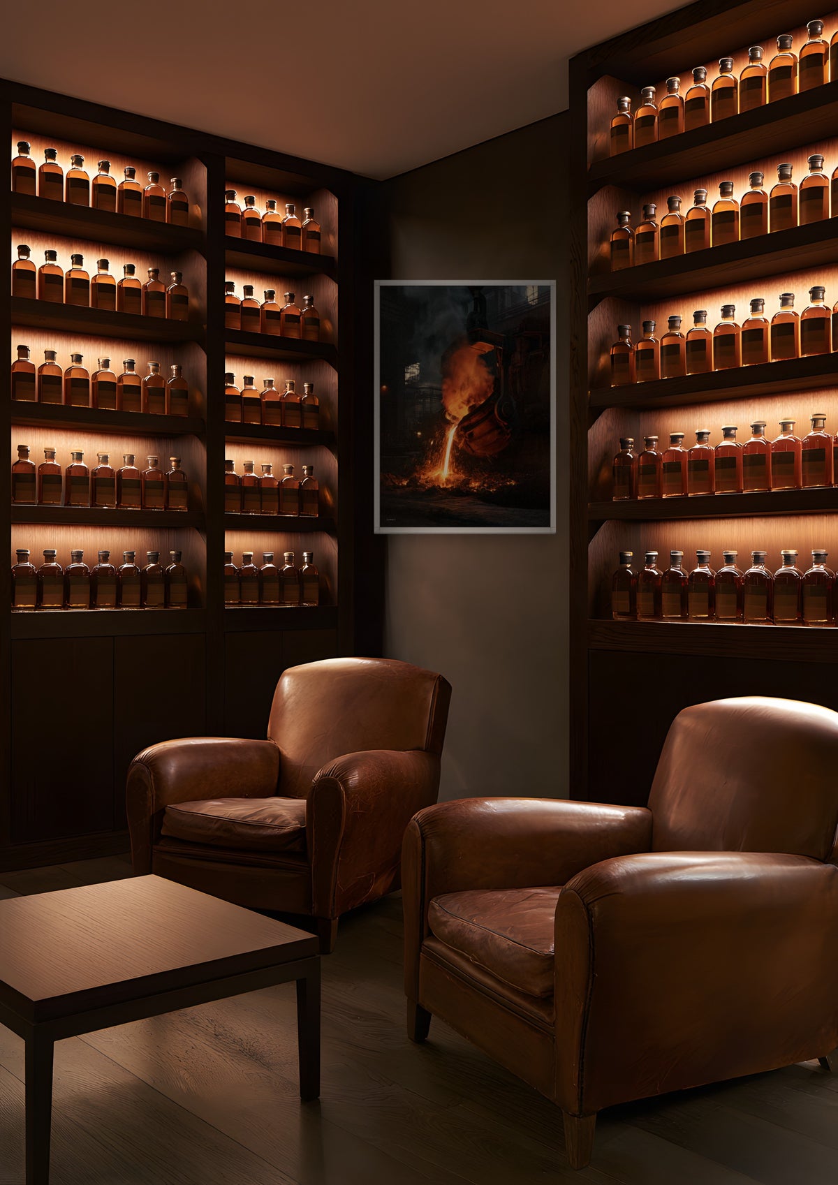 Foundry in a white frame, shown in whisky-room