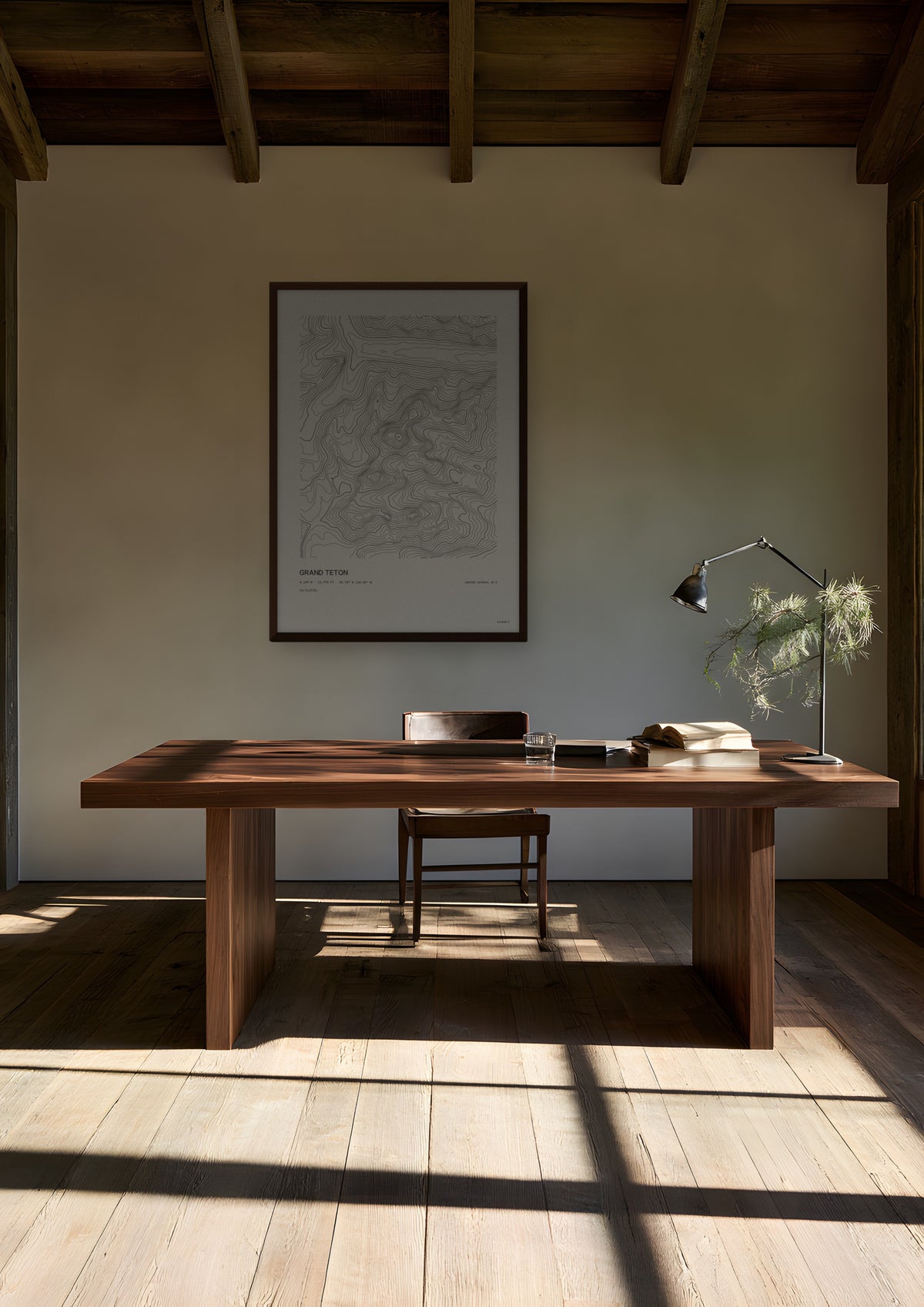Grand Teton in a dark wood frame, shown in jackson-hole-ranch-office
