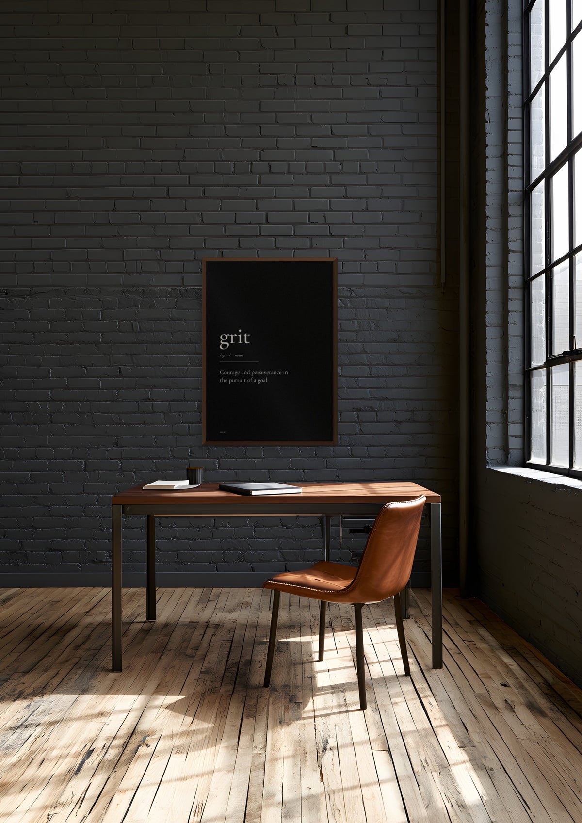 Grit (Black) in a dark wood frame, shown in detroit-factory-office