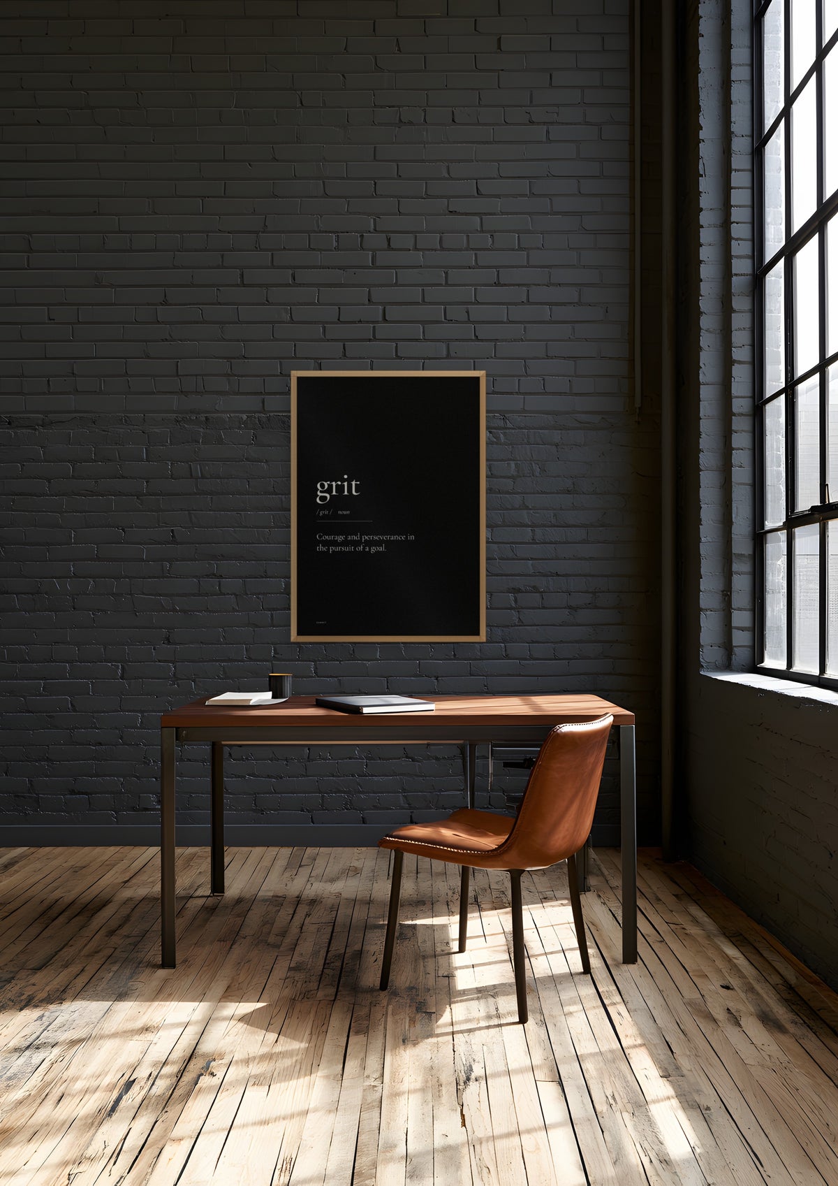 Grit (Black) in a natural wood frame, shown in detroit-factory-office