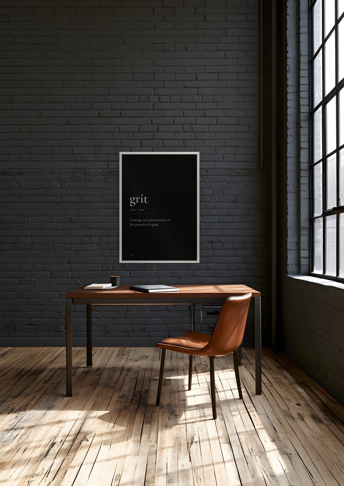 Grit (Black) in a white frame, shown in detroit-factory-office