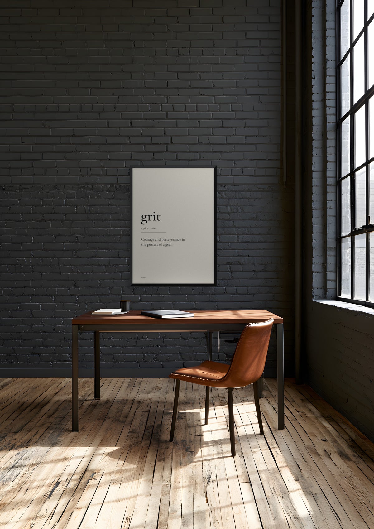 Grit in a black frame, shown in detroit-factory-office