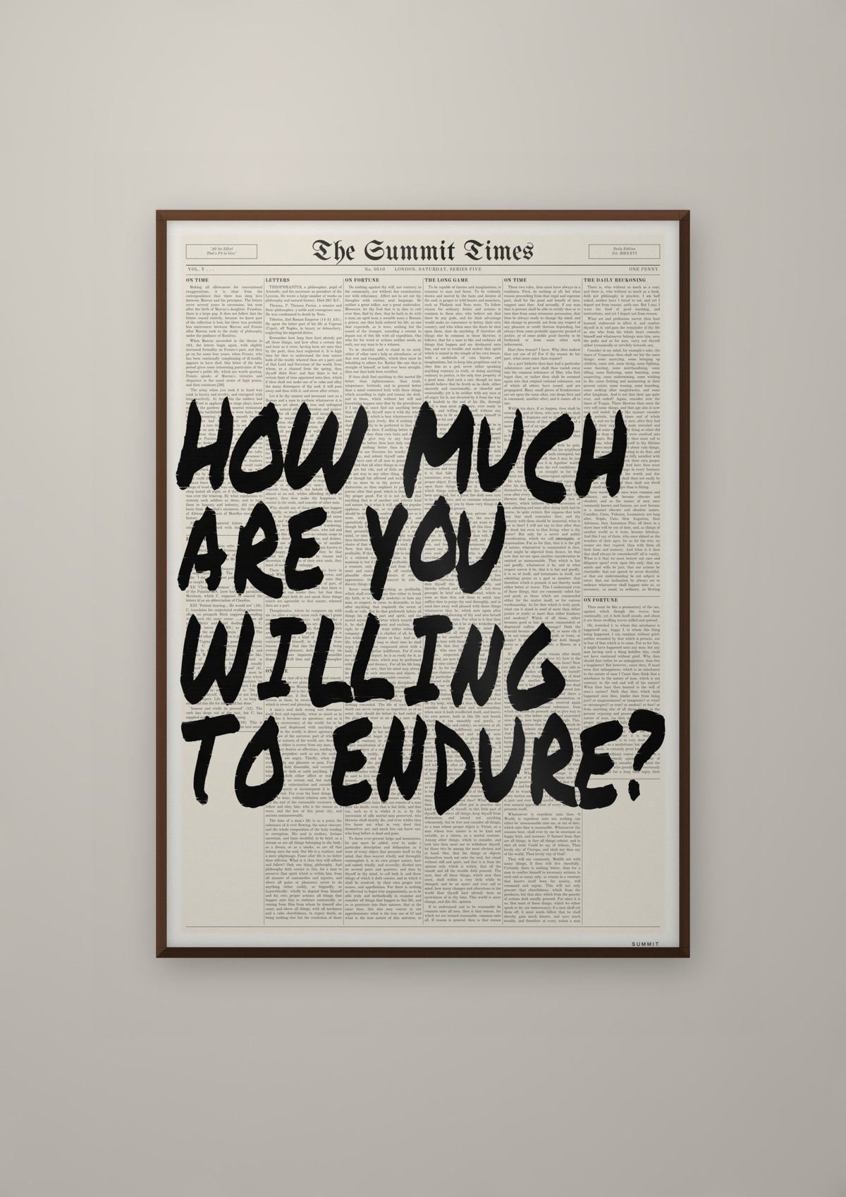 How Much Are You Willing to Endure? in a dark wood frame