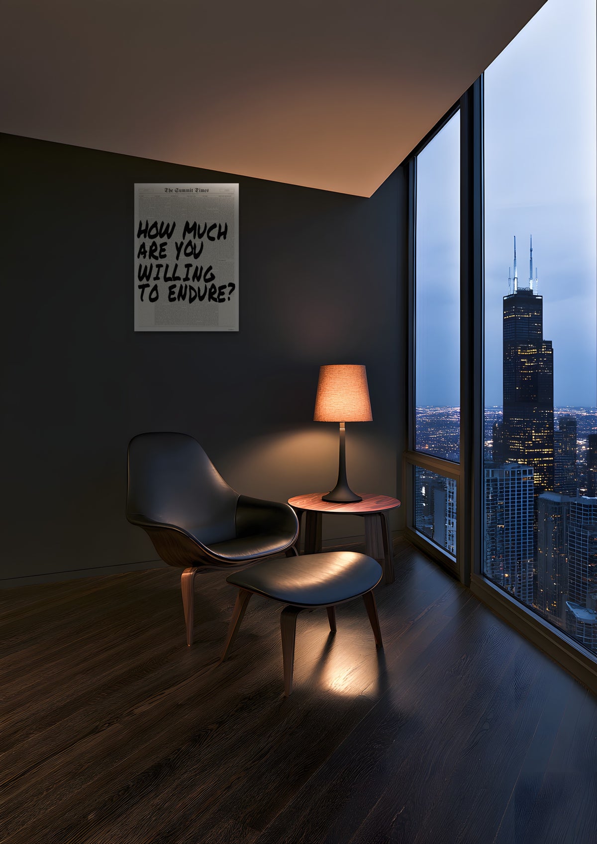 How Much Are You Willing to Endure?, unframed art print shown in chicago-penthouse-study