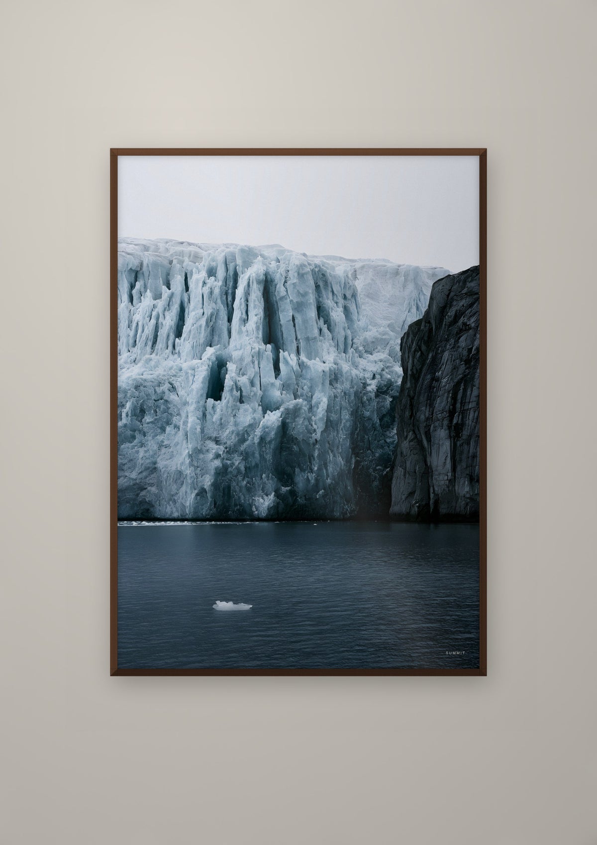 Ice in a dark wood frame