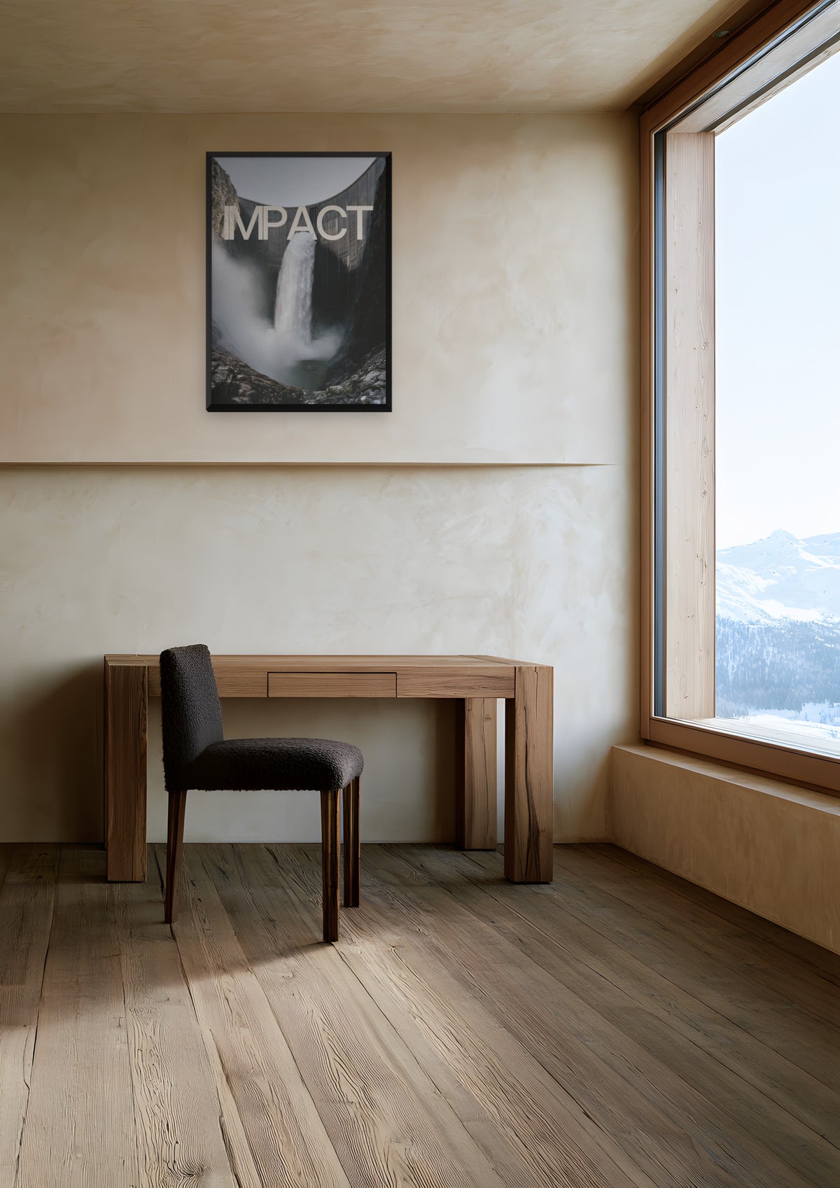 Impact in a black frame, shown in alpine-chalet-study