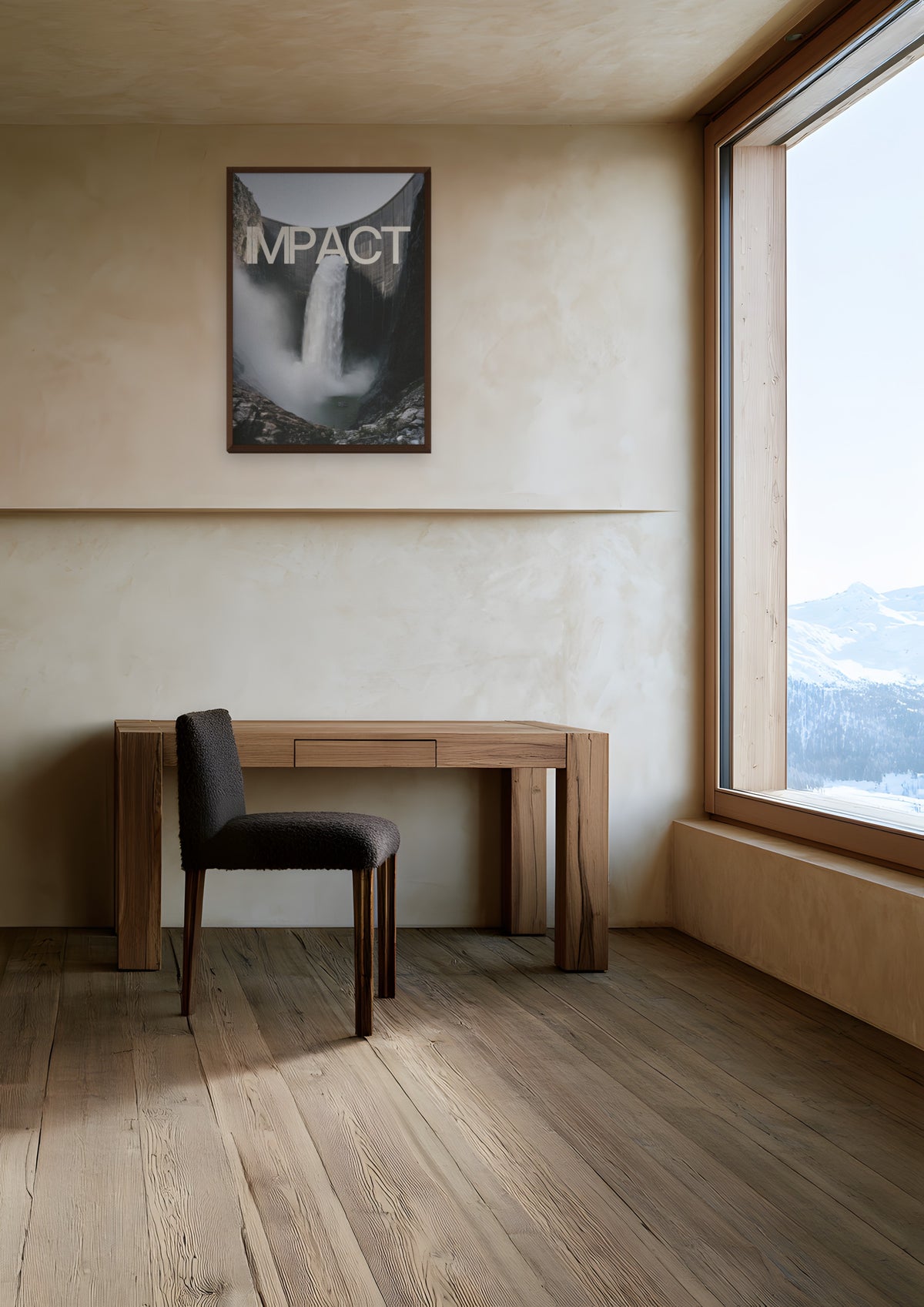 Impact in a dark wood frame, shown in alpine-chalet-study